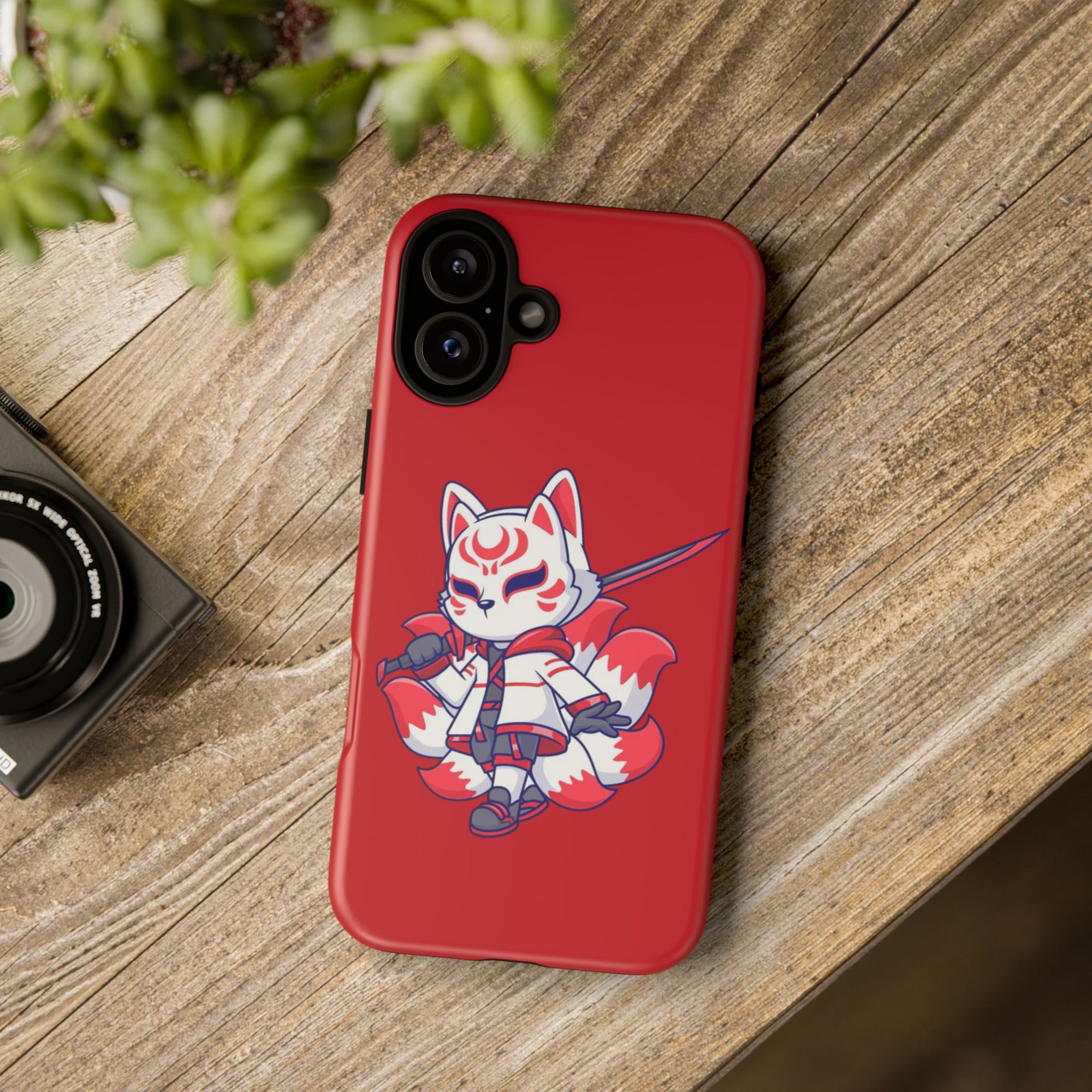 Anime-Inspired Tough Phone Case, Kawaii Fox Design, Gift for Gamers, Cute Phone Accessories, Red Phone Cover, Cosplay Merchandise