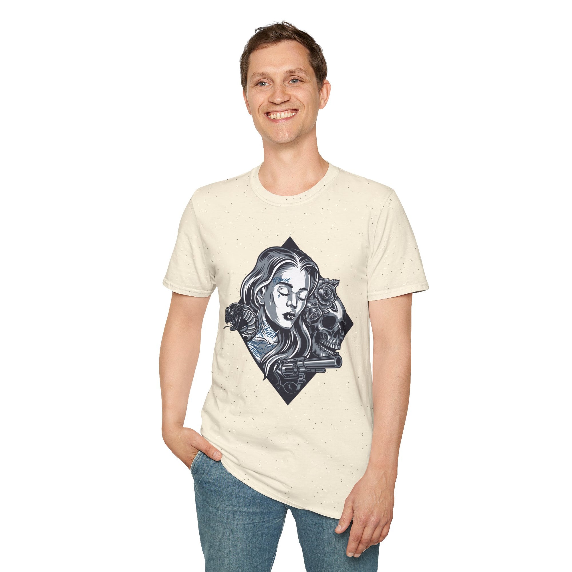 Edgy Graphic Tee, Unisex T-Shirt with Skull and Rose Design, Stylish Casual Wear, Perfect for Gift Giving, Comfortable Everyday Attire