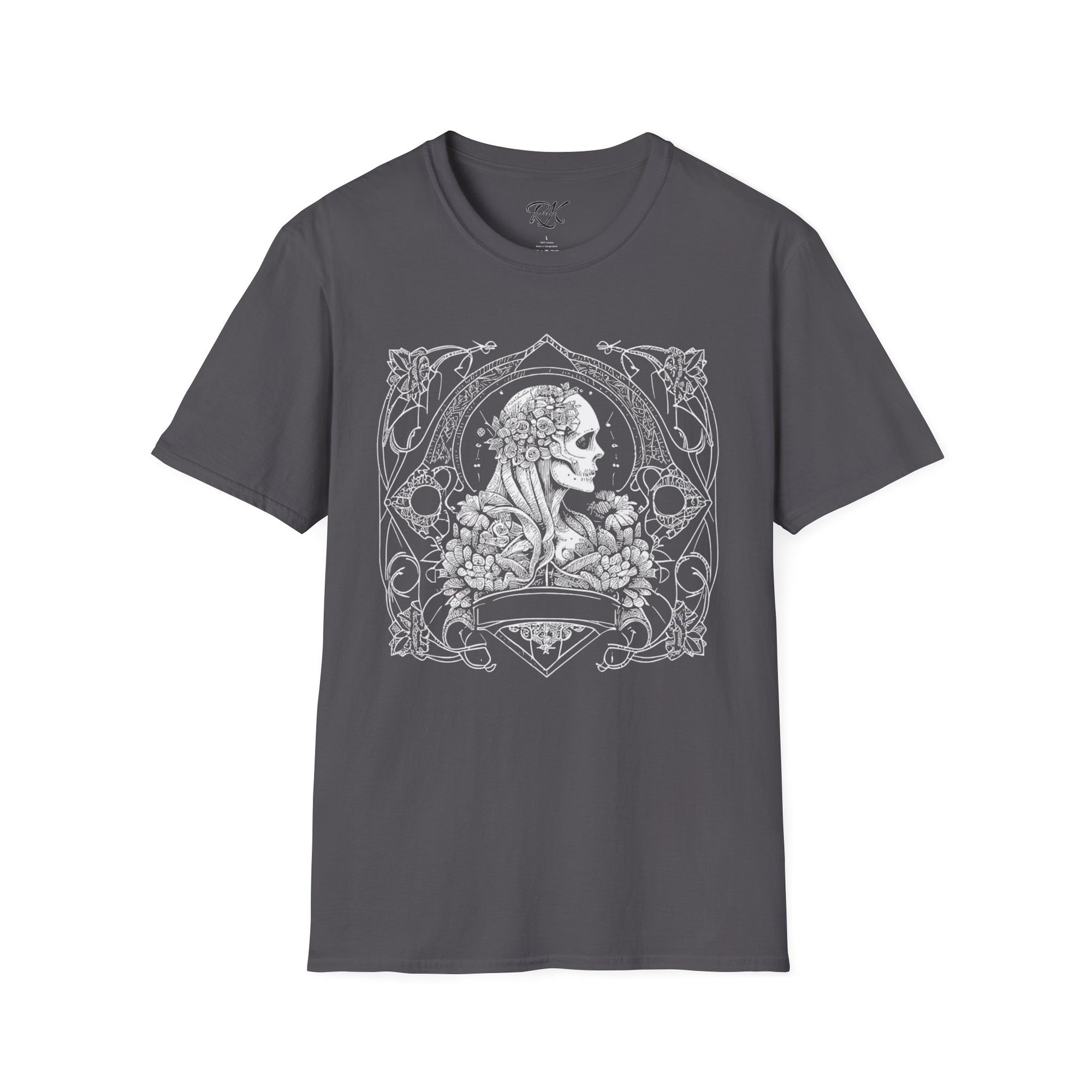Gothic Floral Skull T-Shirt, Unisex Softstyle Tee, Halloween Apparel, Gothic Fashion, Unique Gift, Casual Wear