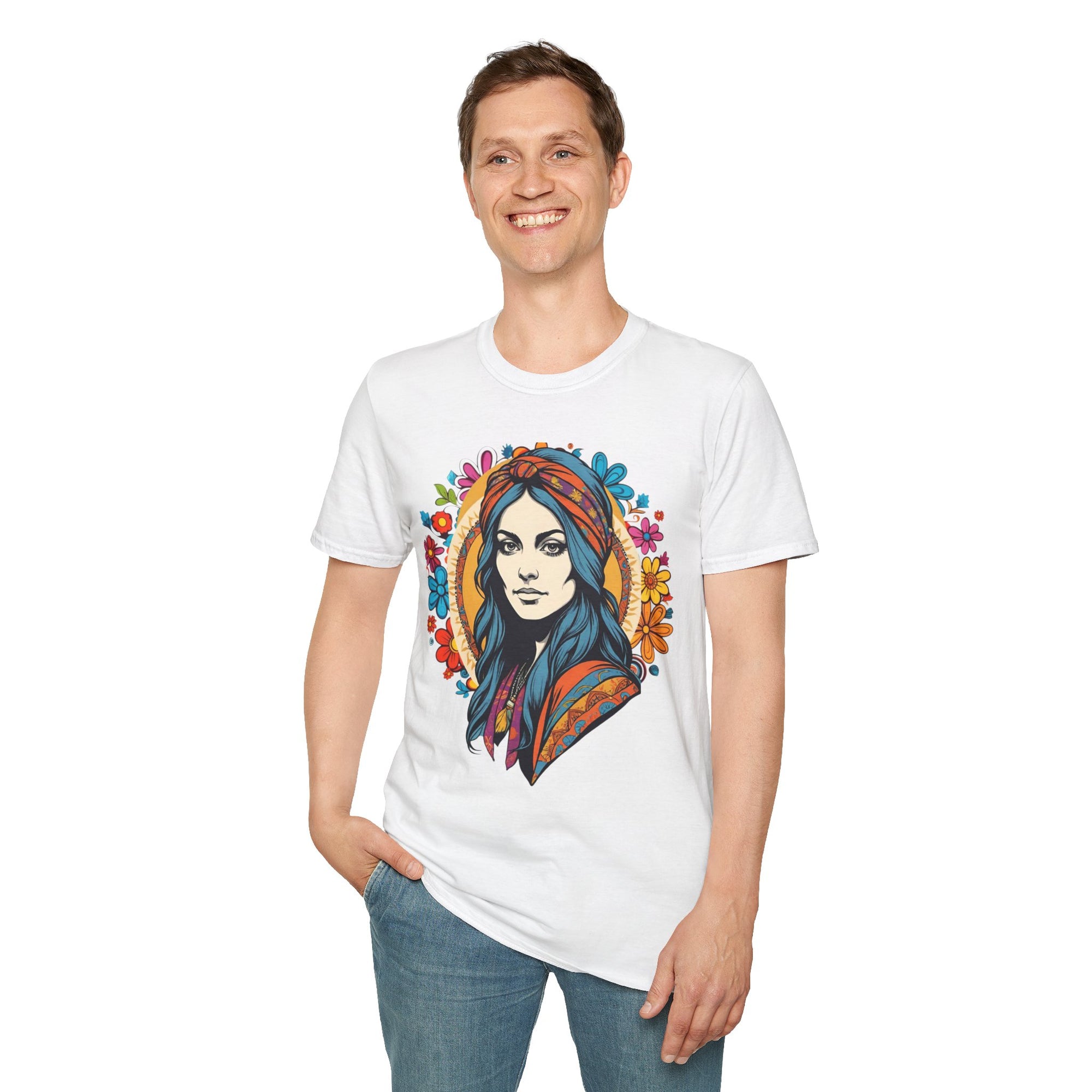 Bohemian Floral T-Shirt, Hippie Shirt, Peace Sign Tee, Gift for Festival Lovers, Artistic Apparel, Unisex Graphic Tee