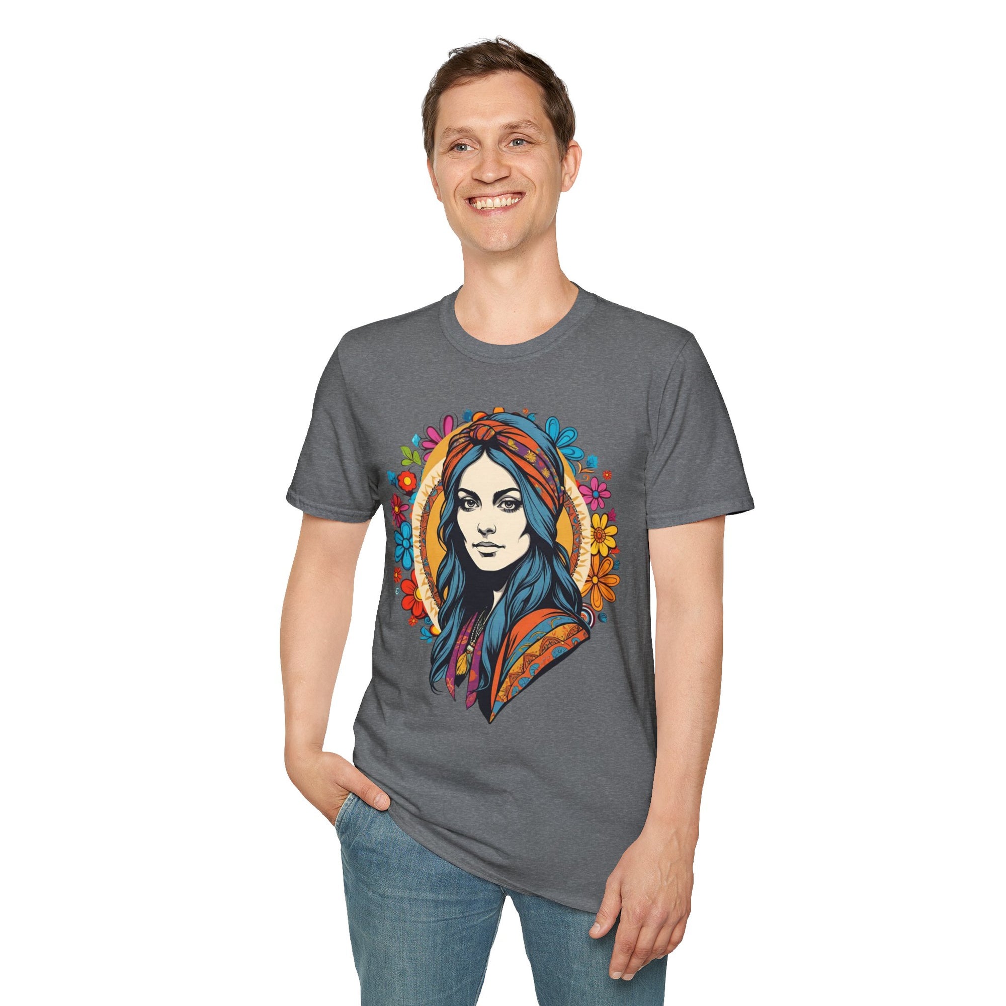 Bohemian Floral T-Shirt, Hippie Shirt, Peace Sign Tee, Gift for Festival Lovers, Artistic Apparel, Unisex Graphic Tee