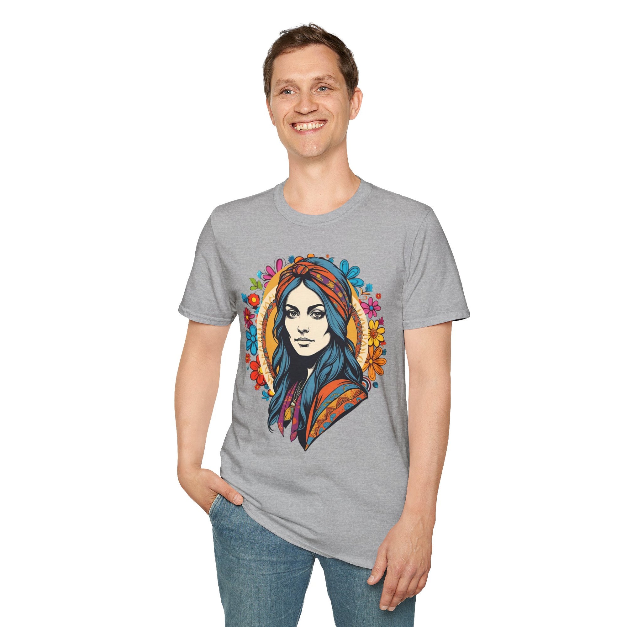 Bohemian Floral T-Shirt, Hippie Shirt, Peace Sign Tee, Gift for Festival Lovers, Artistic Apparel, Unisex Graphic Tee