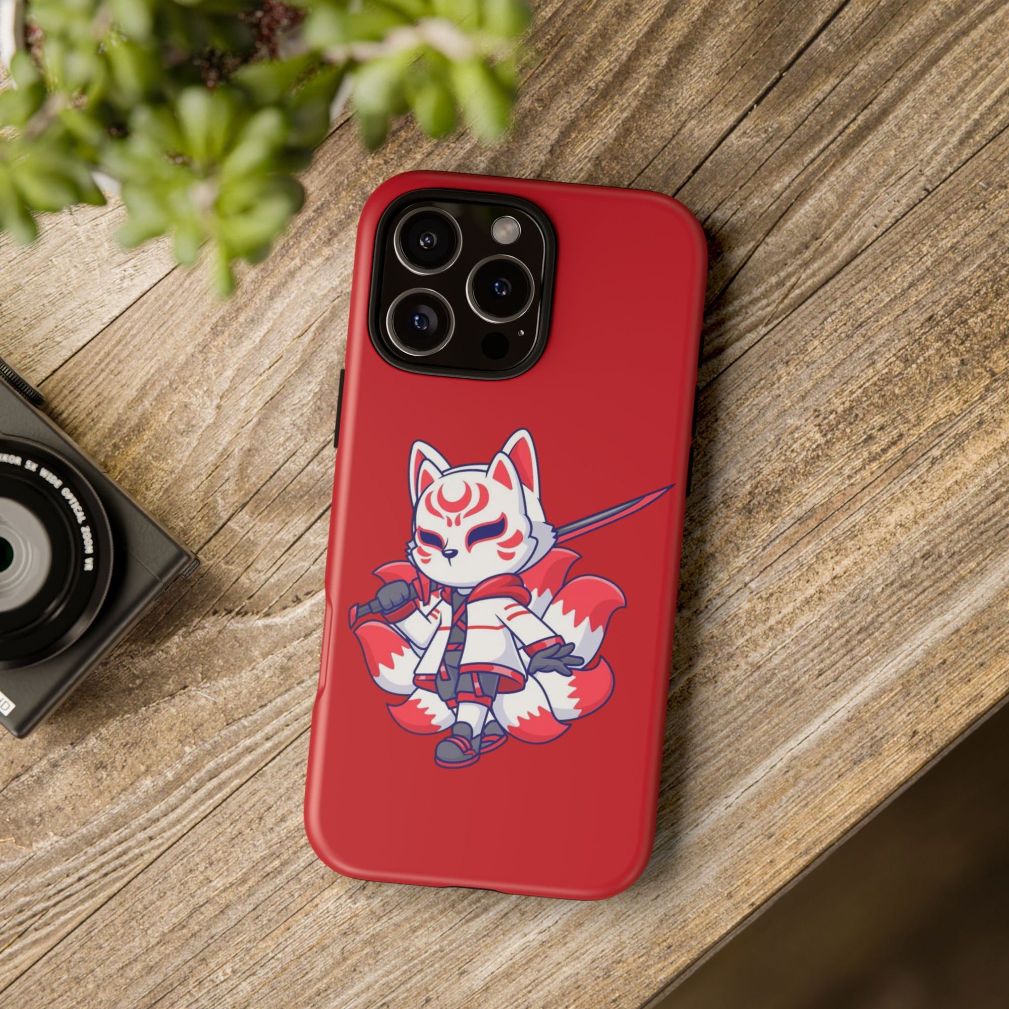 Anime-Inspired Tough Phone Case, Kawaii Fox Design, Gift for Gamers, Cute Phone Accessories, Red Phone Cover, Cosplay Merchandise