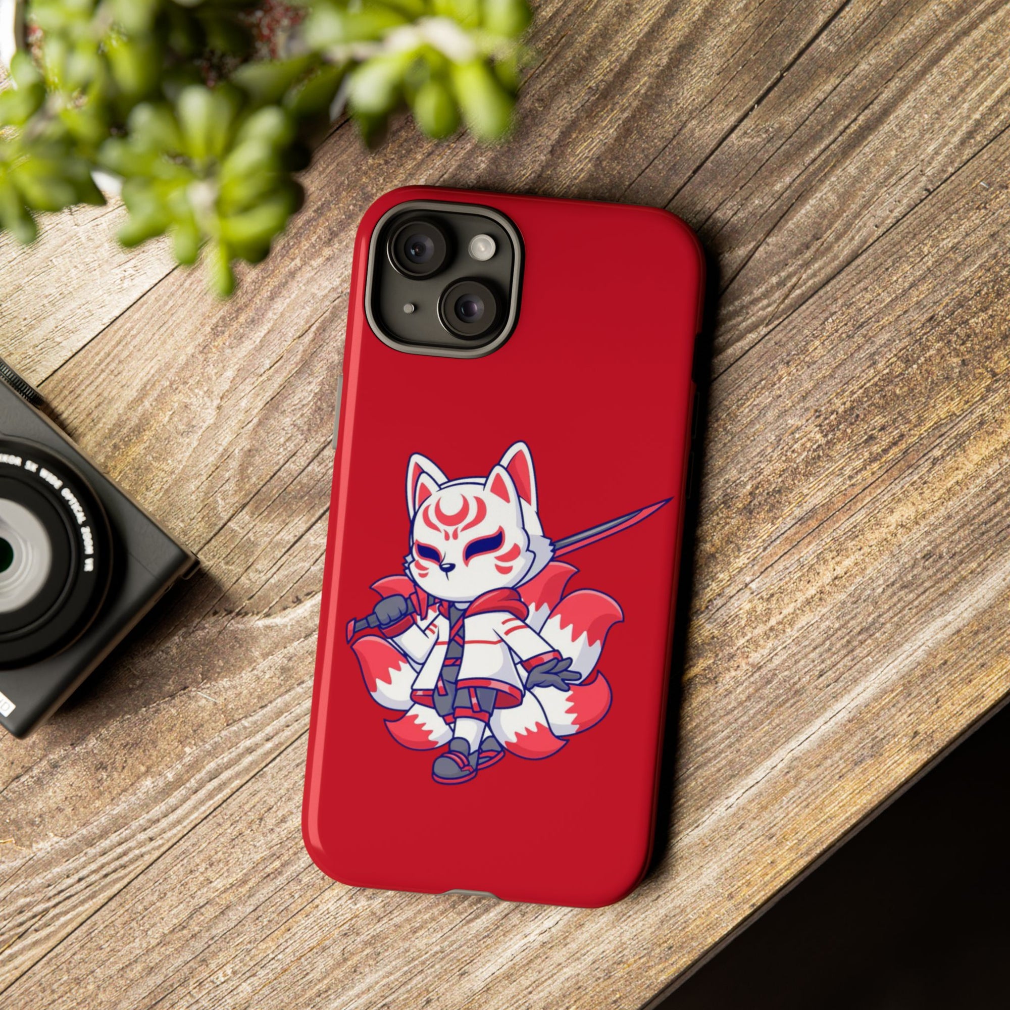Anime-Inspired Tough Phone Case, Kawaii Fox Design, Gift for Gamers, Cute Phone Accessories, Red Phone Cover, Cosplay Merchandise