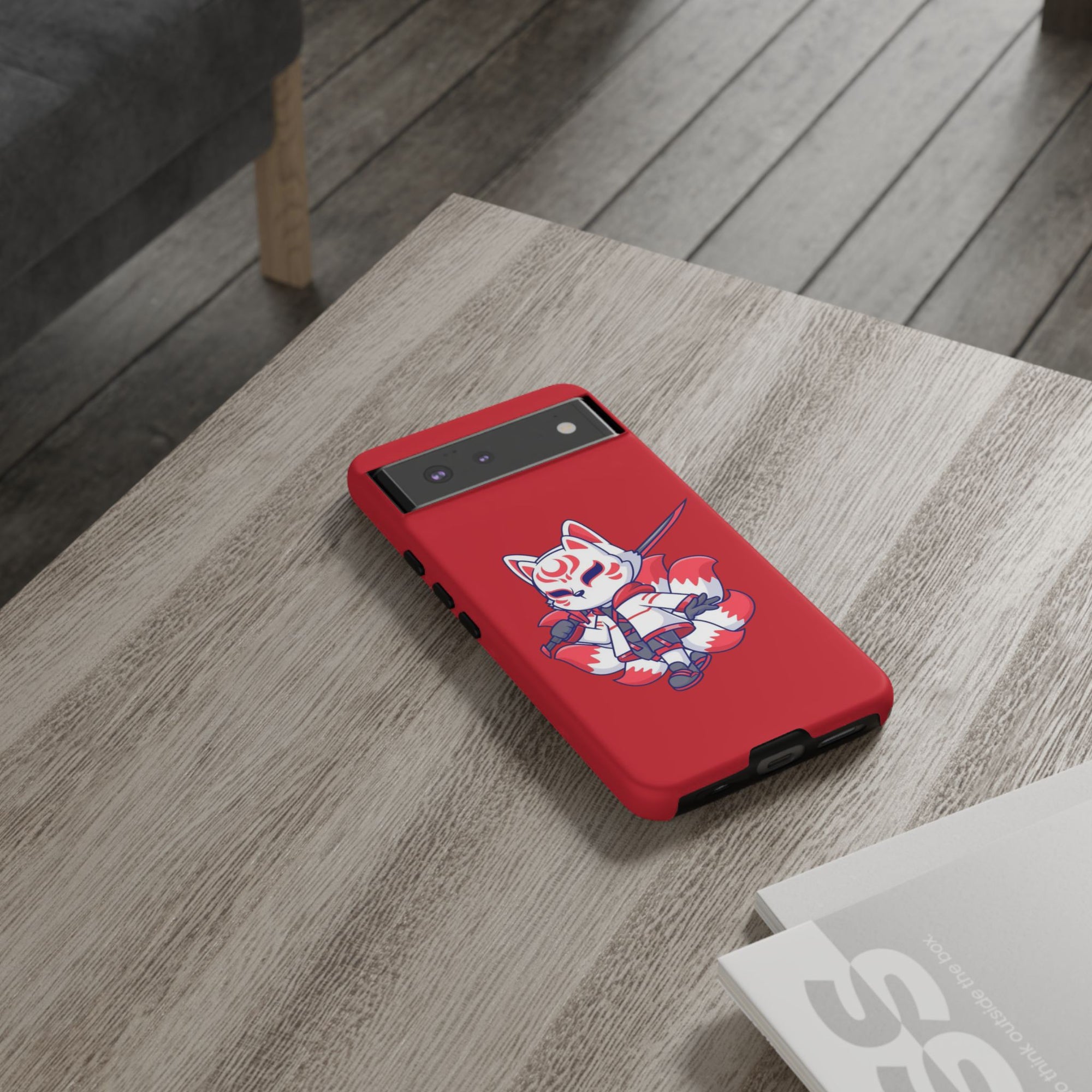 Anime-Inspired Tough Phone Case, Kawaii Fox Design, Gift for Gamers, Cute Phone Accessories, Red Phone Cover, Cosplay Merchandise