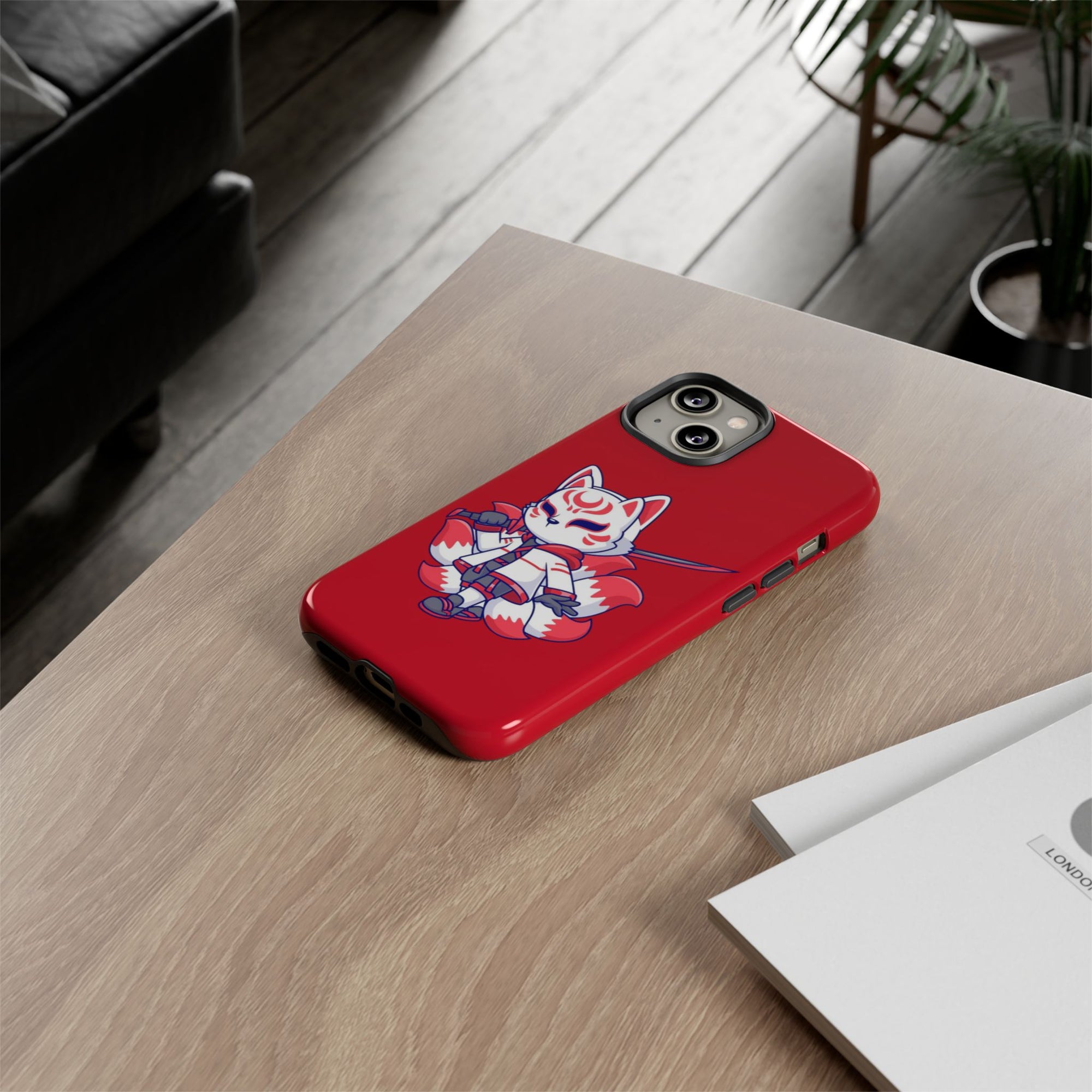 Anime-Inspired Tough Phone Case, Kawaii Fox Design, Gift for Gamers, Cute Phone Accessories, Red Phone Cover, Cosplay Merchandise