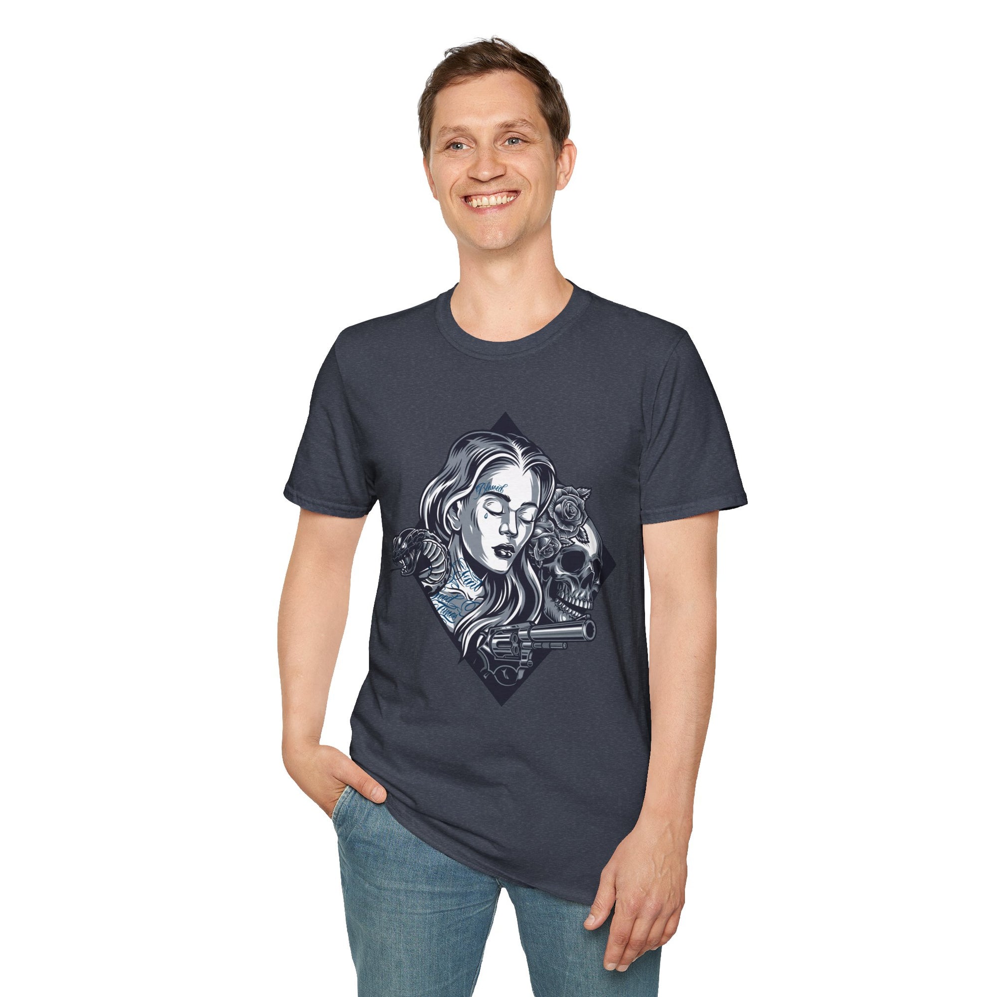 Edgy Graphic Tee, Unisex T-Shirt with Skull and Rose Design, Stylish Casual Wear, Perfect for Gift Giving, Comfortable Everyday Attire