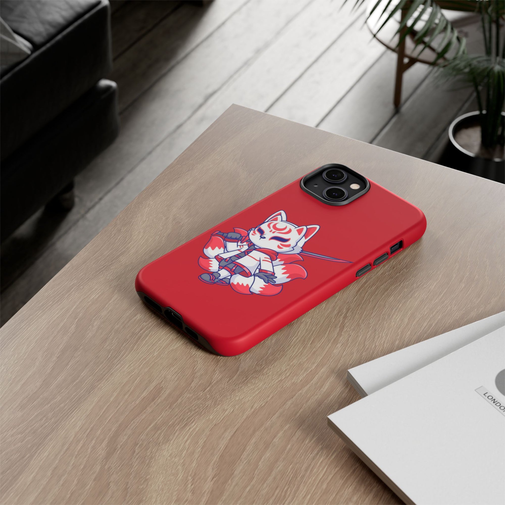 Anime-Inspired Tough Phone Case, Kawaii Fox Design, Gift for Gamers, Cute Phone Accessories, Red Phone Cover, Cosplay Merchandise