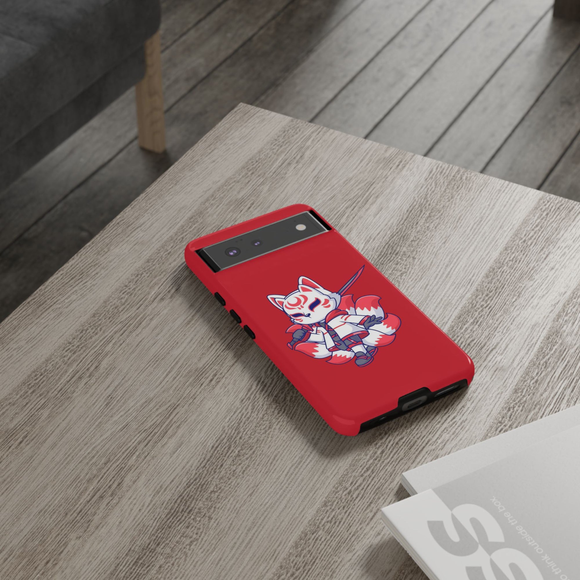 Anime-Inspired Tough Phone Case, Kawaii Fox Design, Gift for Gamers, Cute Phone Accessories, Red Phone Cover, Cosplay Merchandise