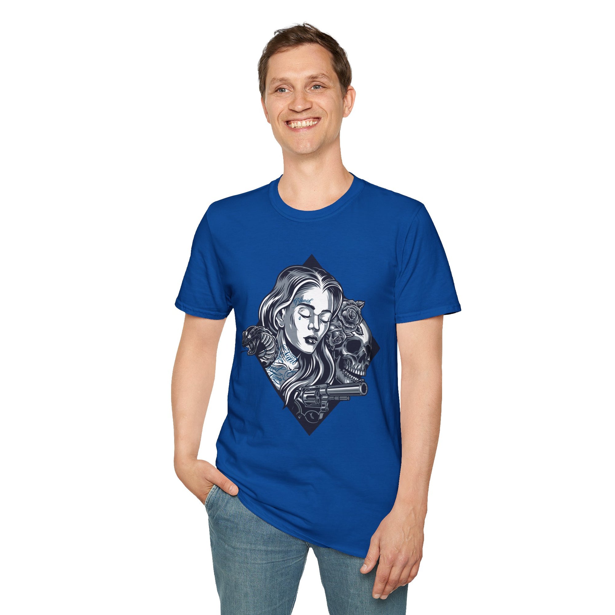 Edgy Graphic Tee, Unisex T-Shirt with Skull and Rose Design, Stylish Casual Wear, Perfect for Gift Giving, Comfortable Everyday Attire