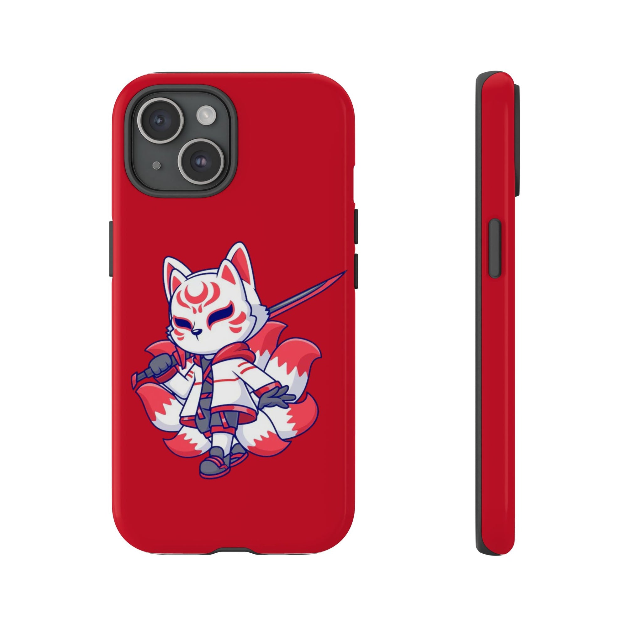 Anime-Inspired Tough Phone Case, Kawaii Fox Design, Gift for Gamers, Cute Phone Accessories, Red Phone Cover, Cosplay Merchandise