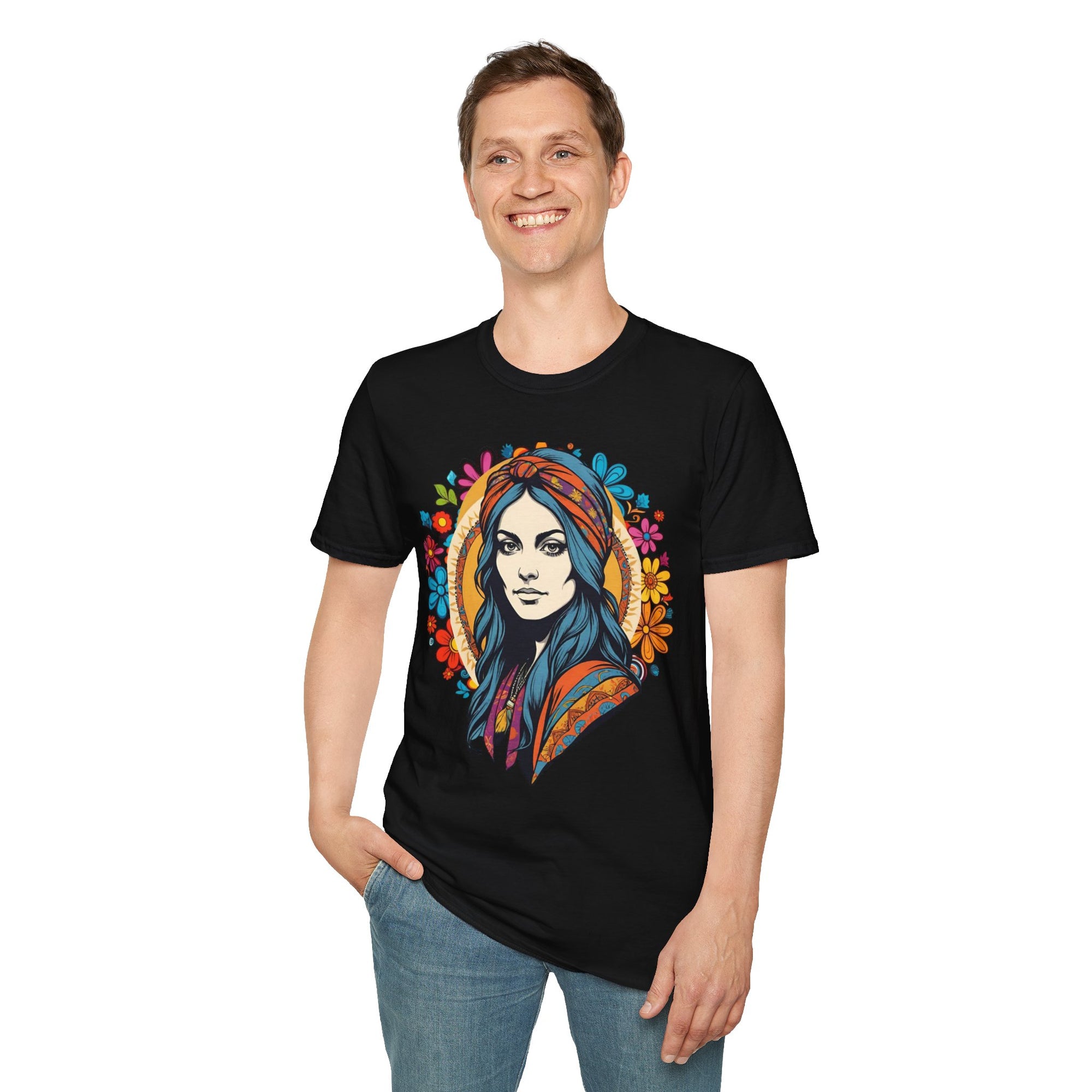 Bohemian Floral T-Shirt, Hippie Shirt, Peace Sign Tee, Gift for Festival Lovers, Artistic Apparel, Unisex Graphic Tee