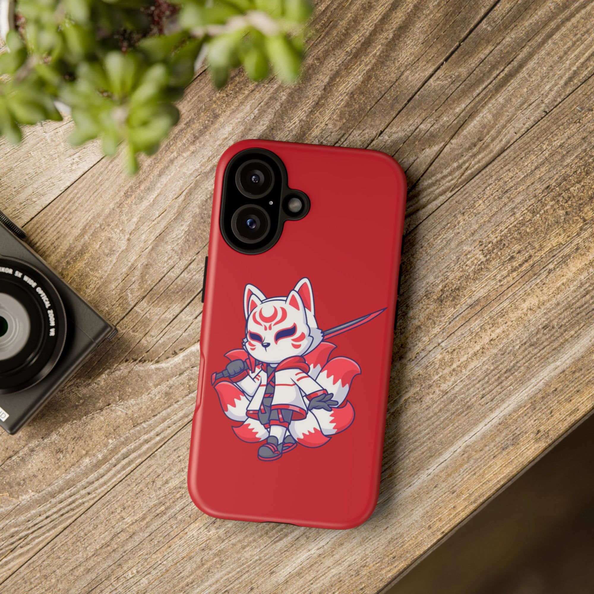 Anime-Inspired Tough Phone Case, Kawaii Fox Design, Gift for Gamers, Cute Phone Accessories, Red Phone Cover, Cosplay Merchandise