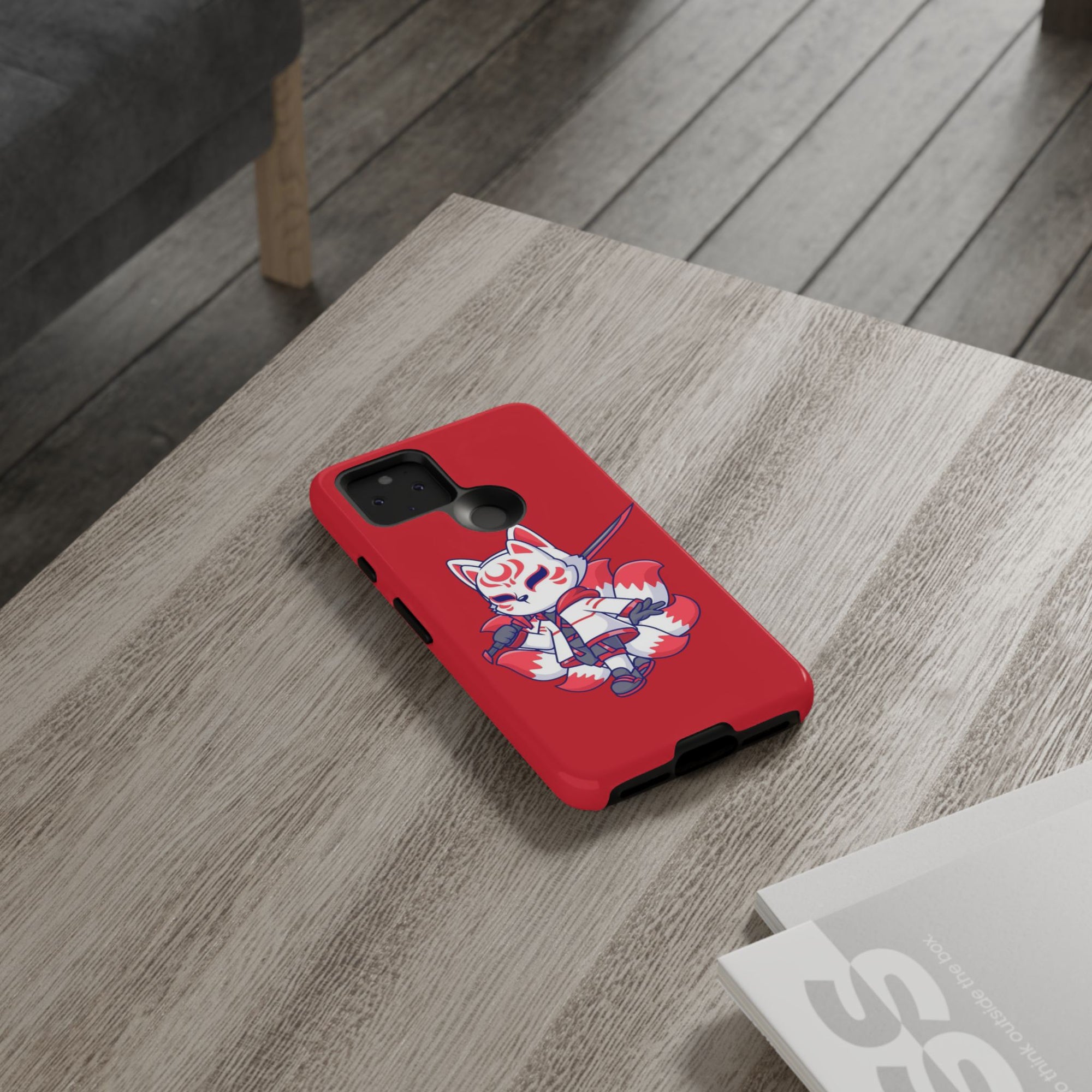 Anime-Inspired Tough Phone Case, Kawaii Fox Design, Gift for Gamers, Cute Phone Accessories, Red Phone Cover, Cosplay Merchandise
