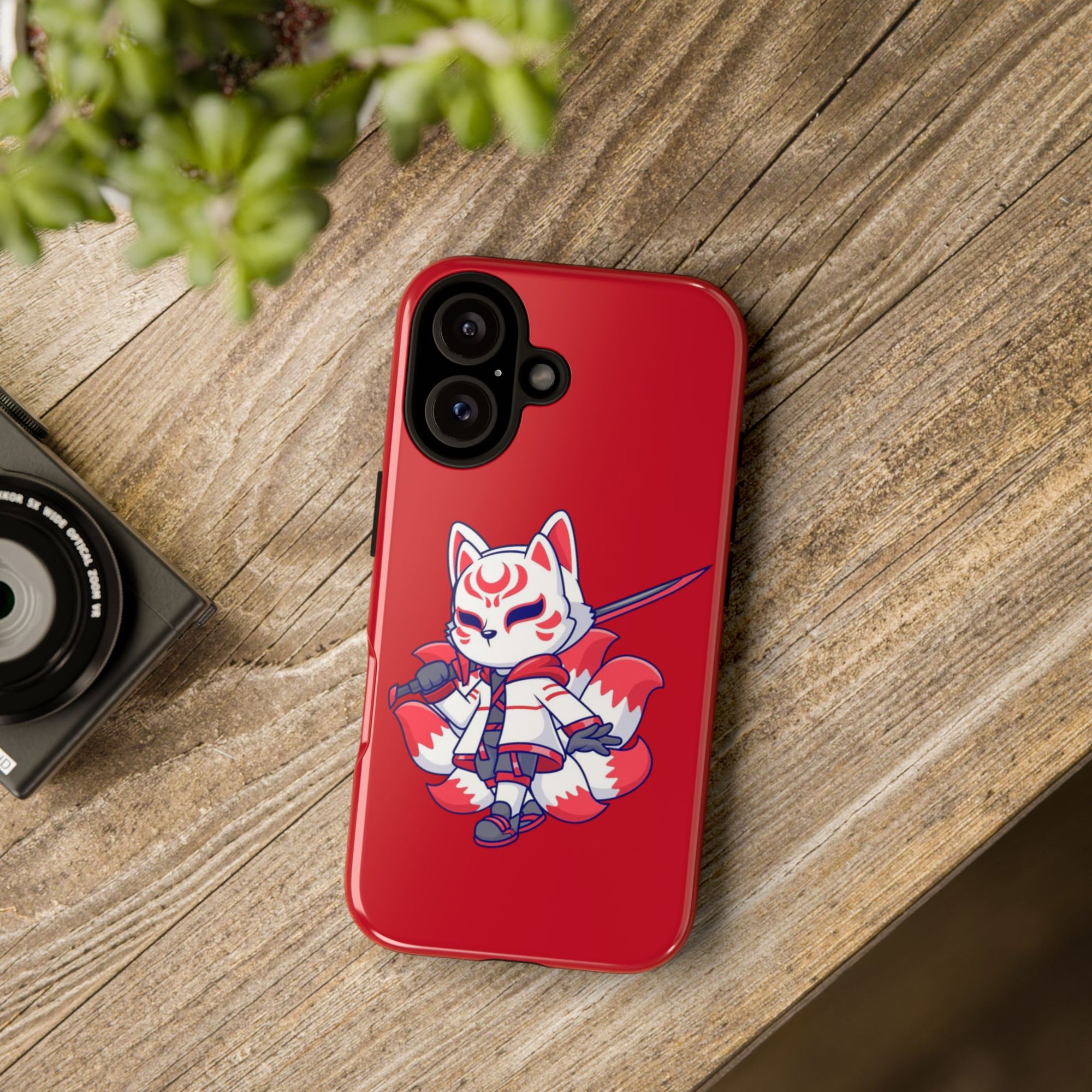 Anime-Inspired Tough Phone Case, Kawaii Fox Design, Gift for Gamers, Cute Phone Accessories, Red Phone Cover, Cosplay Merchandise