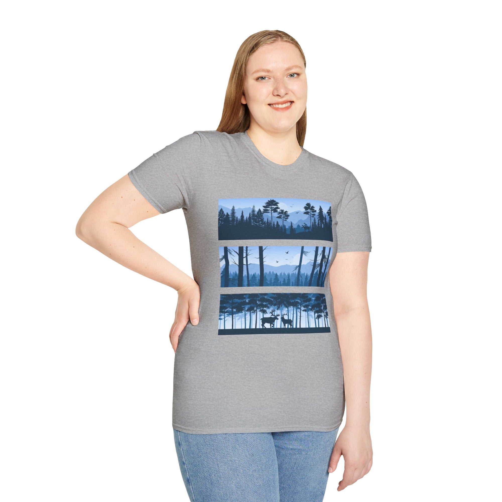 Mountain Landscape Unisex Softstyle T-Shirt | Nature Lover Gift, Outdoor Adventure Tee, Relaxed Fit, Casual Wear, Camping Shirt