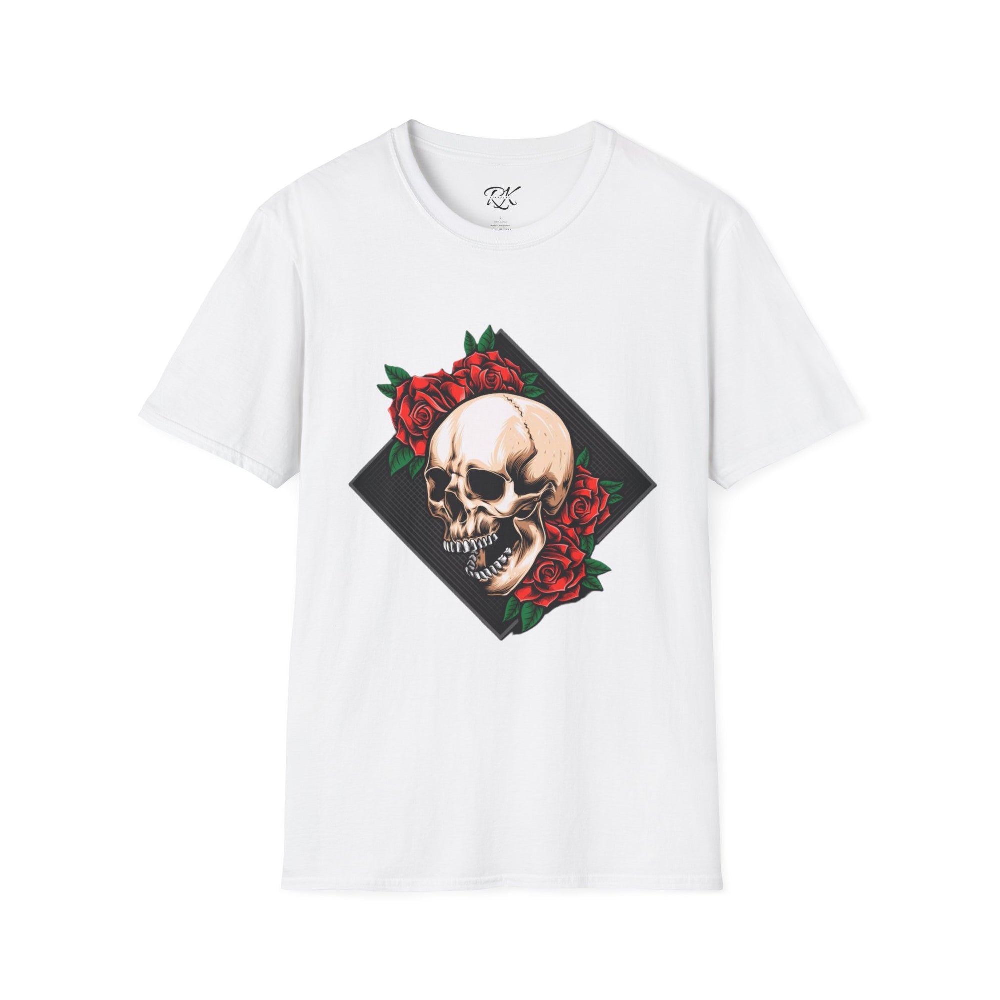 Skull and Roses T-Shirt | Edgy Unisex Softstyle Tee for Music Lovers, Halloween, Casual Wear, Gift Idea, Streetwear