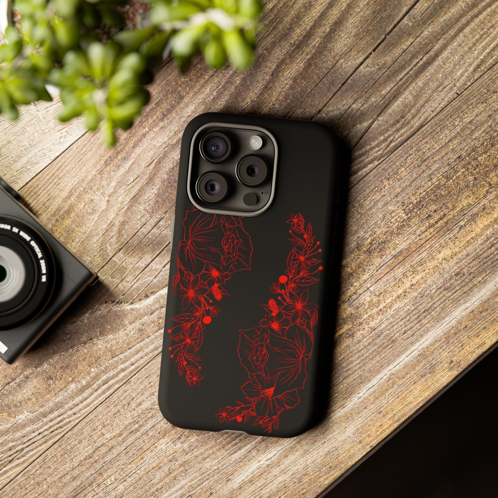 Stylish Floral Phone Case, Tough Phone Cover, Floral Design Case, Gift for Her, Black Phone Accessories