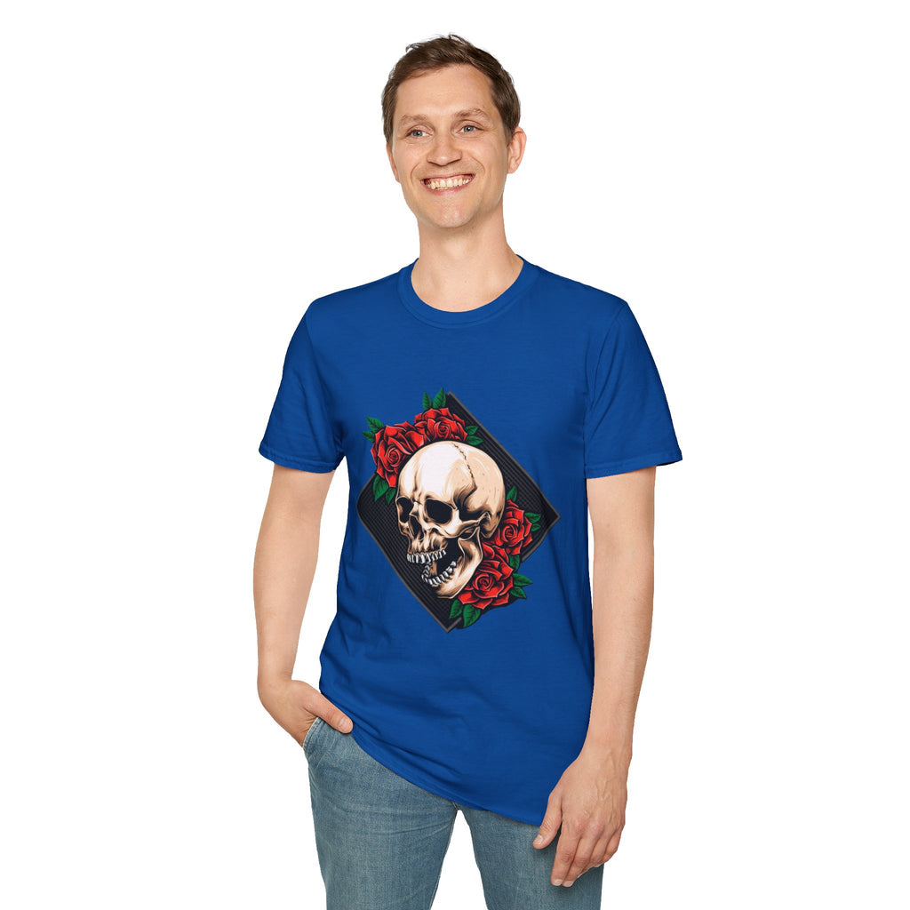 Skull and Roses T-Shirt | Edgy Unisex Softstyle Tee for Music Lovers, Halloween, Casual Wear, Gift Idea, Streetwear