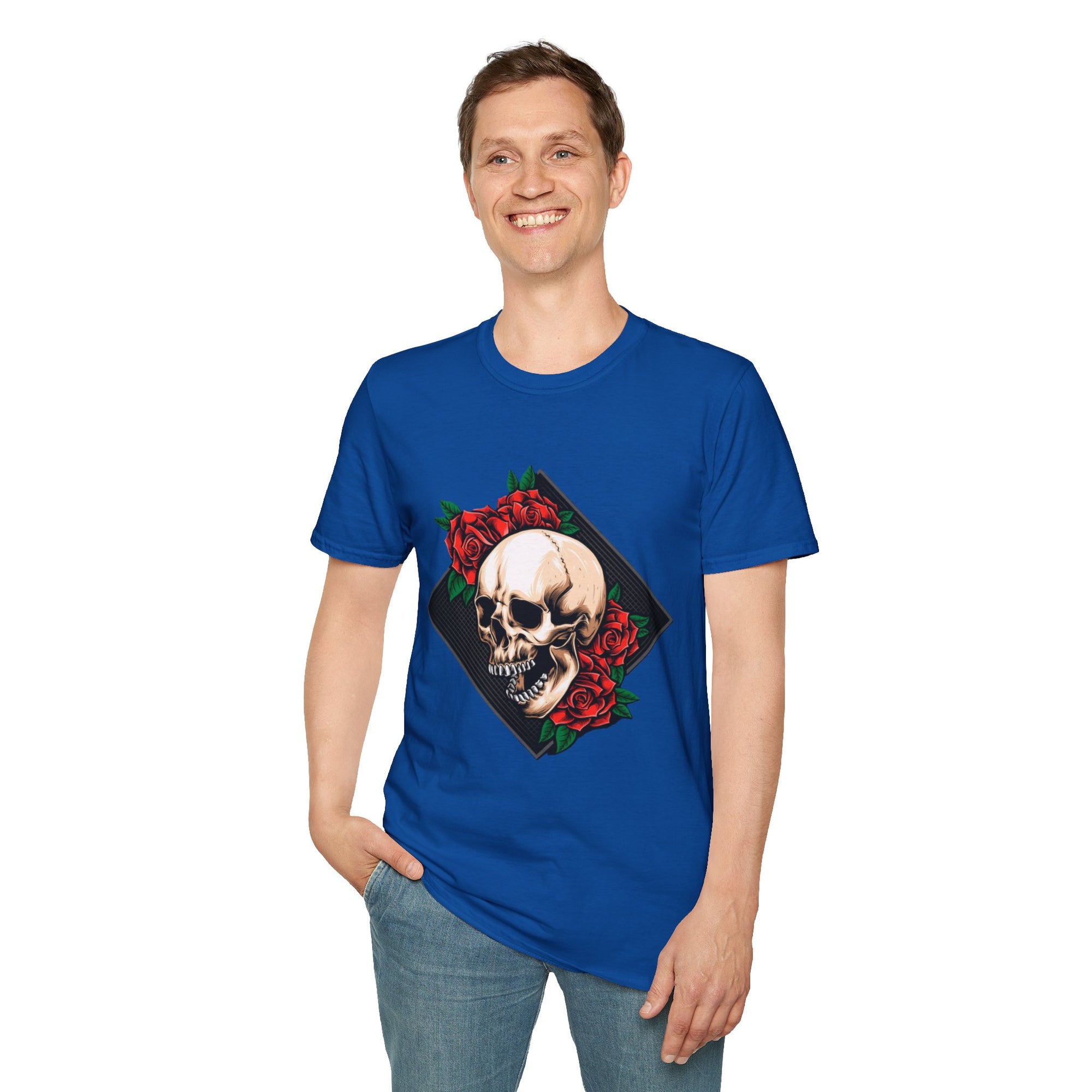 Skull and Roses T-Shirt | Edgy Unisex Softstyle Tee for Music Lovers, Halloween, Casual Wear, Gift Idea, Streetwear