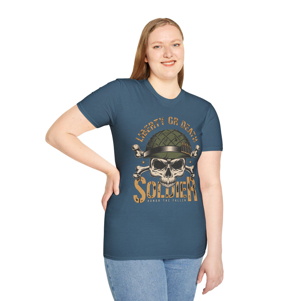 Liberty or Death Skull Soldier T-Shirt, Military Apparel, Unisex Graphic Tee, Veteran Gift, Casual Wear, Outdoor Adventure