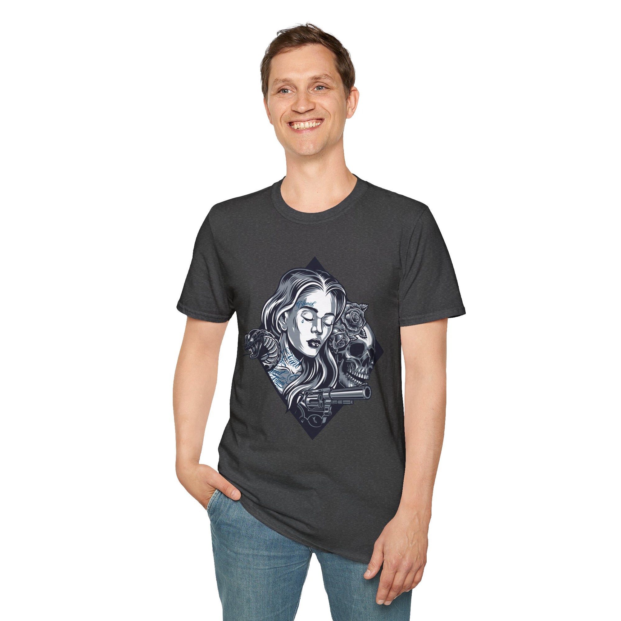 Edgy Graphic Tee, Unisex T-Shirt with Skull and Rose Design, Stylish Casual Wear, Perfect for Gift Giving, Comfortable Everyday Attire