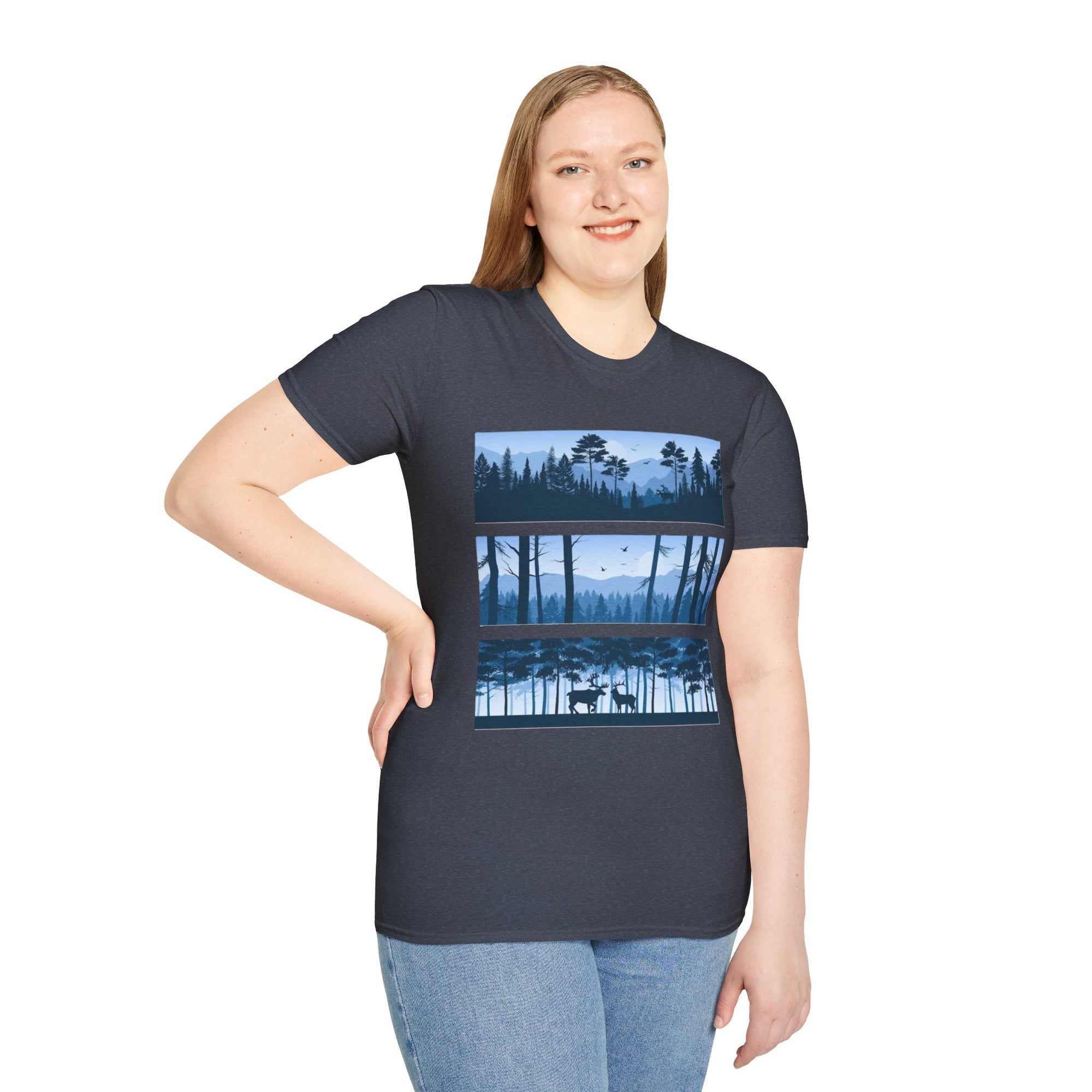 Mountain Landscape Unisex Softstyle T-Shirt | Nature Lover Gift, Outdoor Adventure Tee, Relaxed Fit, Casual Wear, Camping Shirt
