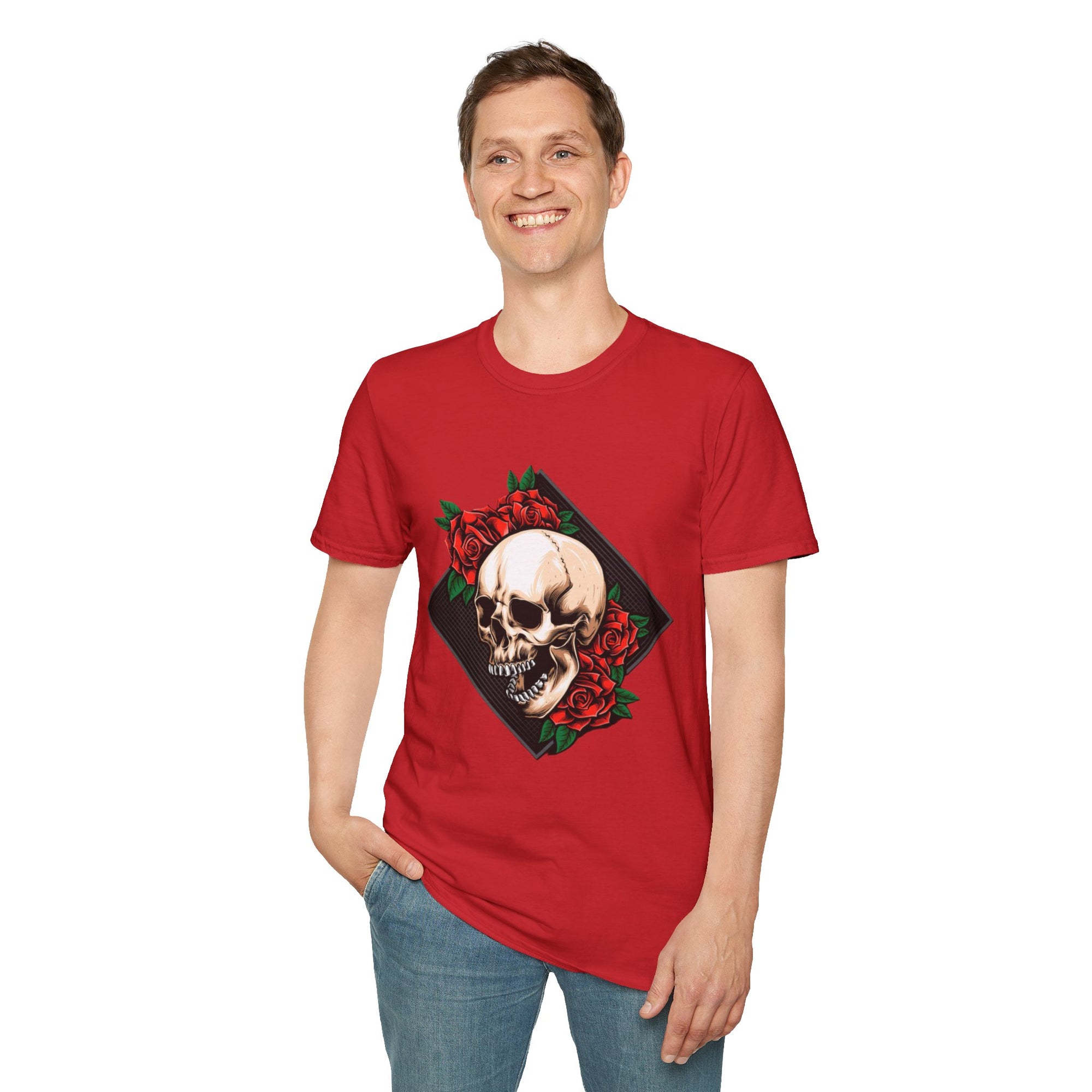Skull and Roses T-Shirt | Edgy Unisex Softstyle Tee for Music Lovers, Halloween, Casual Wear, Gift Idea, Streetwear