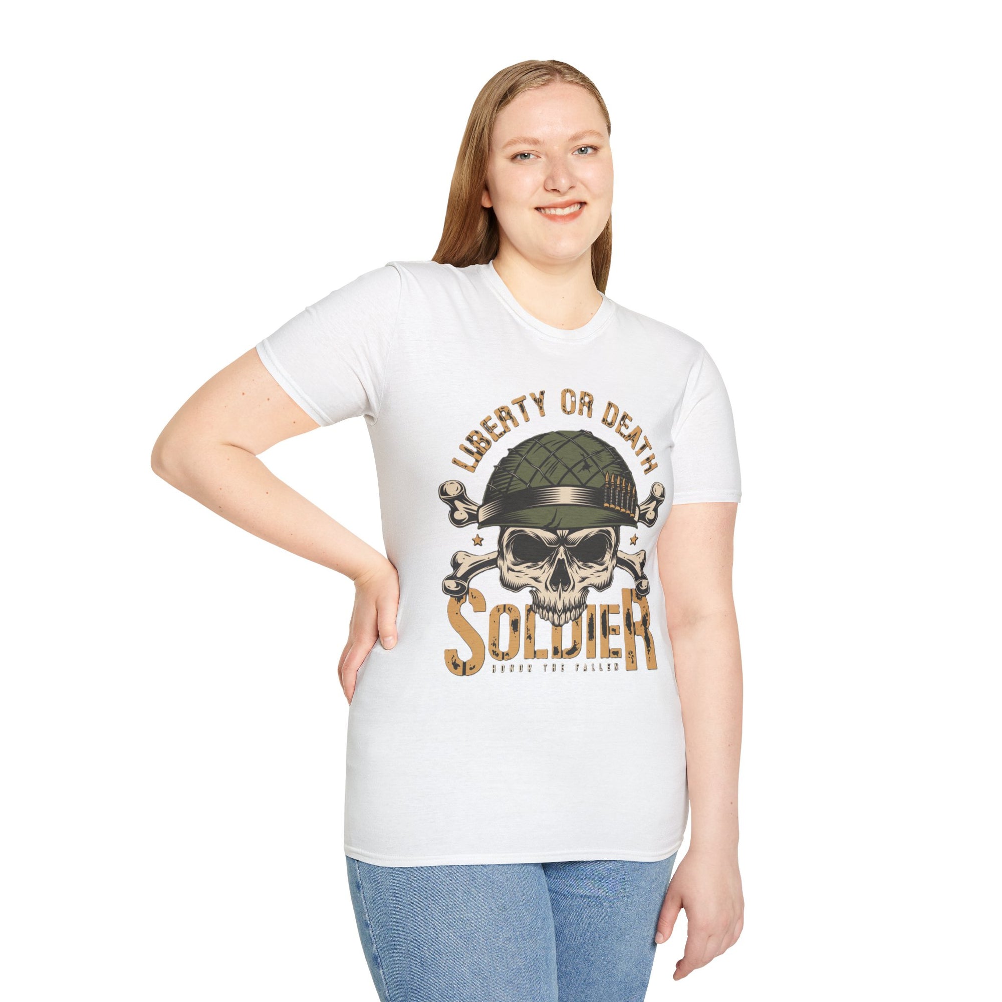 Liberty or Death Skull Soldier T-Shirt, Military Apparel, Unisex Graphic Tee, Veteran Gift, Casual Wear, Outdoor Adventure