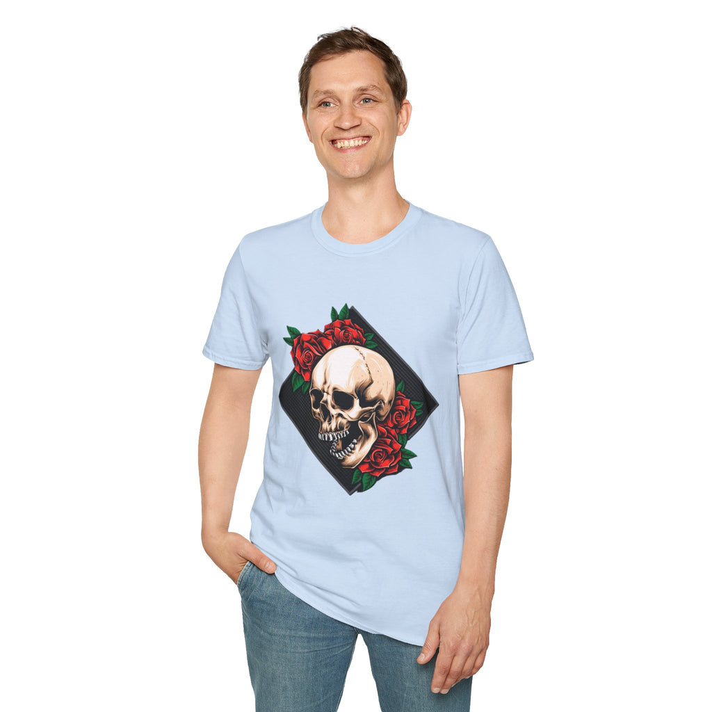 Skull and Roses T-Shirt | Edgy Unisex Softstyle Tee for Music Lovers, Halloween, Casual Wear, Gift Idea, Streetwear