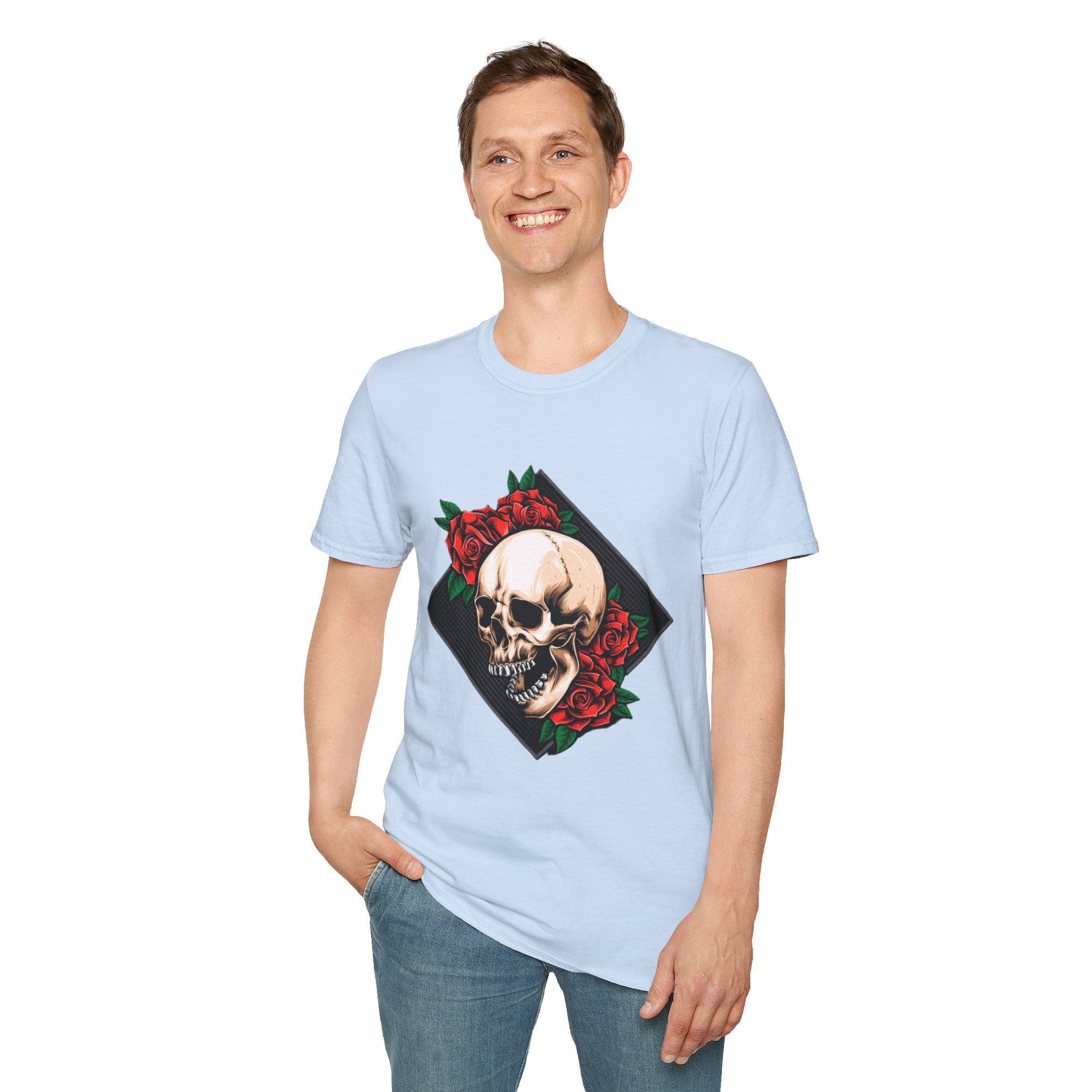 Skull and Roses T-Shirt | Edgy Unisex Softstyle Tee for Music Lovers, Halloween, Casual Wear, Gift Idea, Streetwear