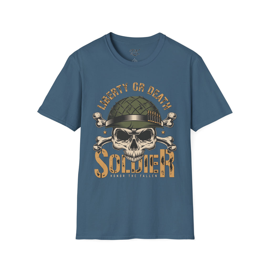 Liberty or Death Skull Soldier T-Shirt, Military Apparel, Unisex Graphic Tee, Veteran Gift, Casual Wear, Outdoor Adventure