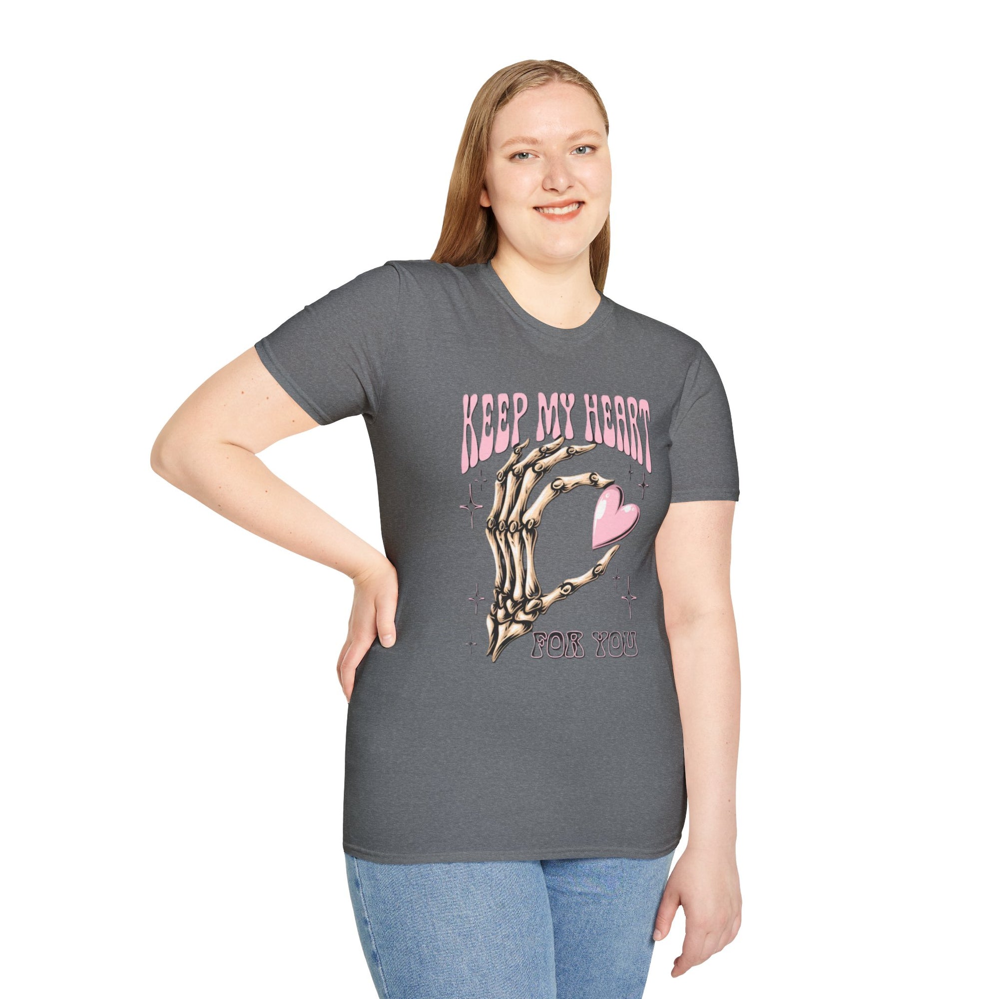 Keep My Heart Unisex Softstyle T-Shirt, Cute Graphic Tee, Valentine's Day Gift, Casual Style, Skeleton Design, Soft Cotton
