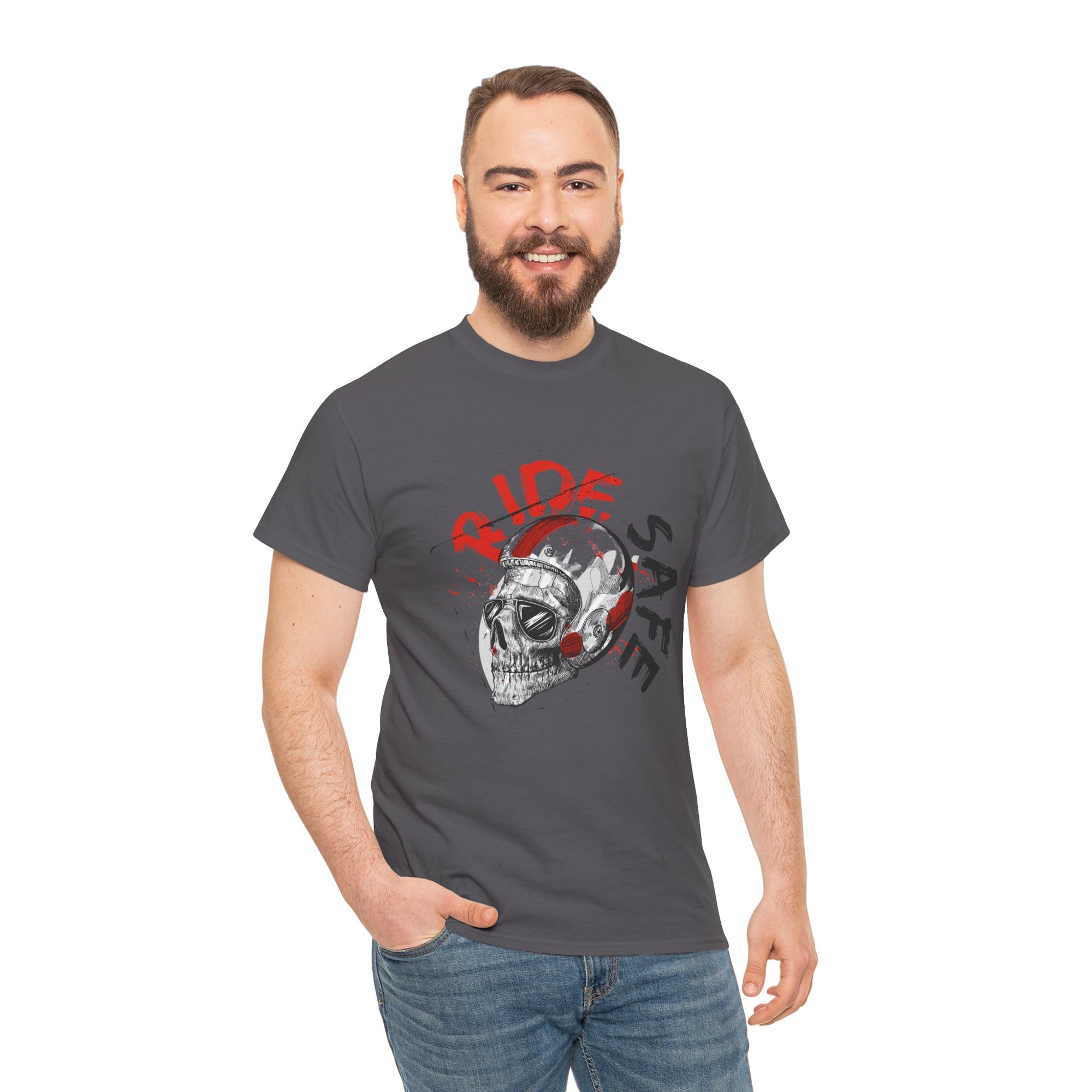 Skull Themed Ride Safe Tee, Unisex Heavy Cotton T-Shirt, Motorcycle Tee, Biker Apparel, Gift for Riders, Casual Wear