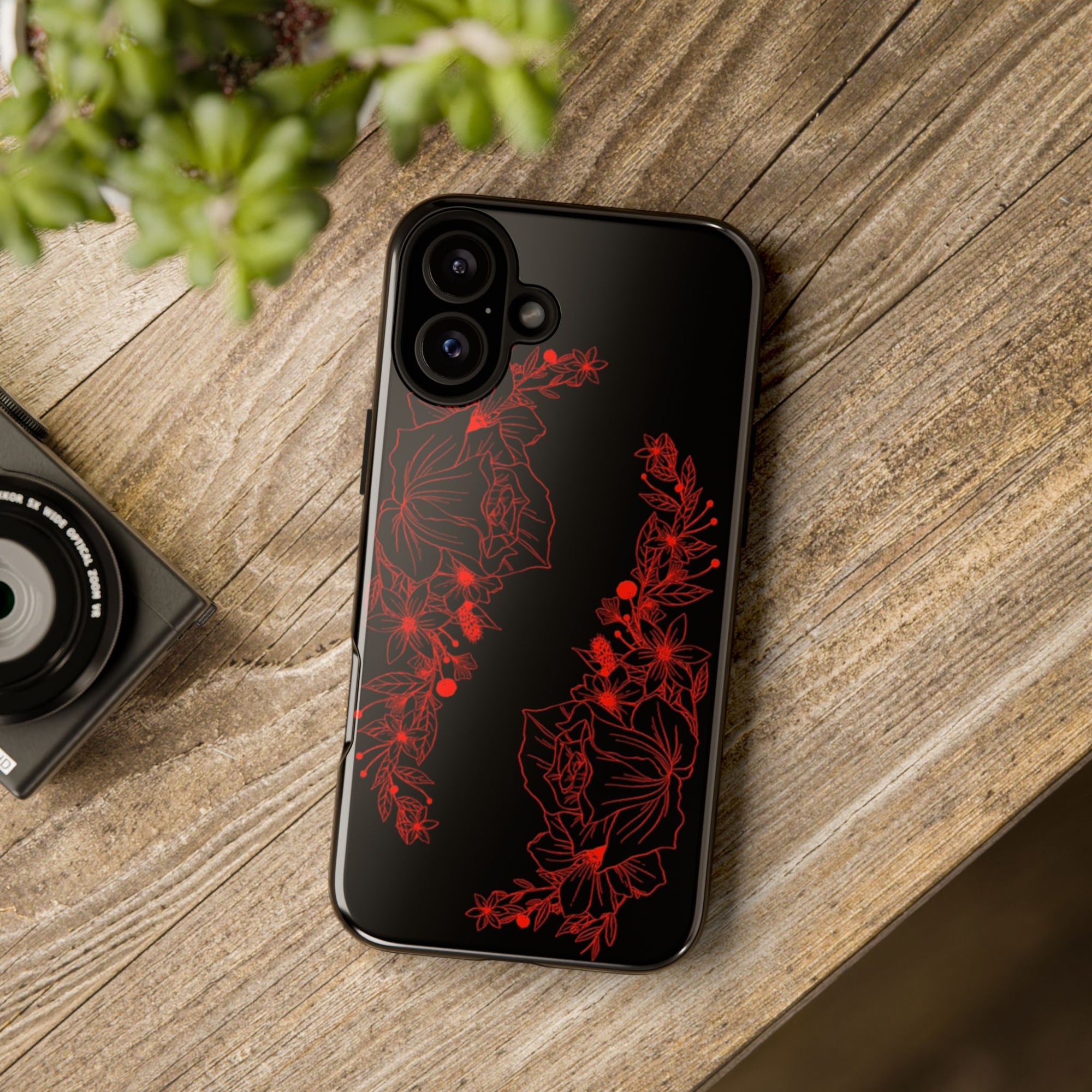 Stylish Floral Phone Case, Tough Phone Cover, Floral Design Case, Gift for Her, Black Phone Accessories
