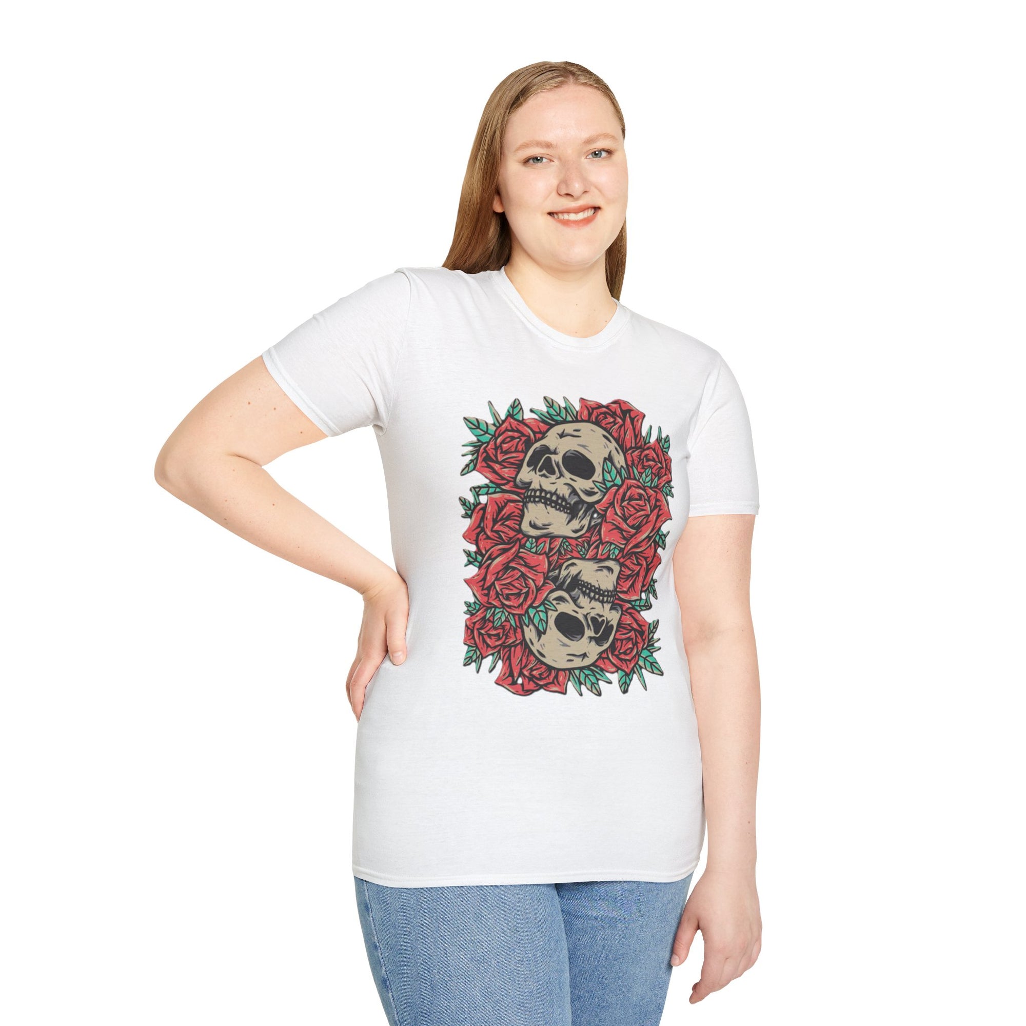 Skull & Roses Graphic T-Shirt | Edgy Casual Wear, Halloween Outfit, Gift for Friends, Festival Style, Unisex Shirt