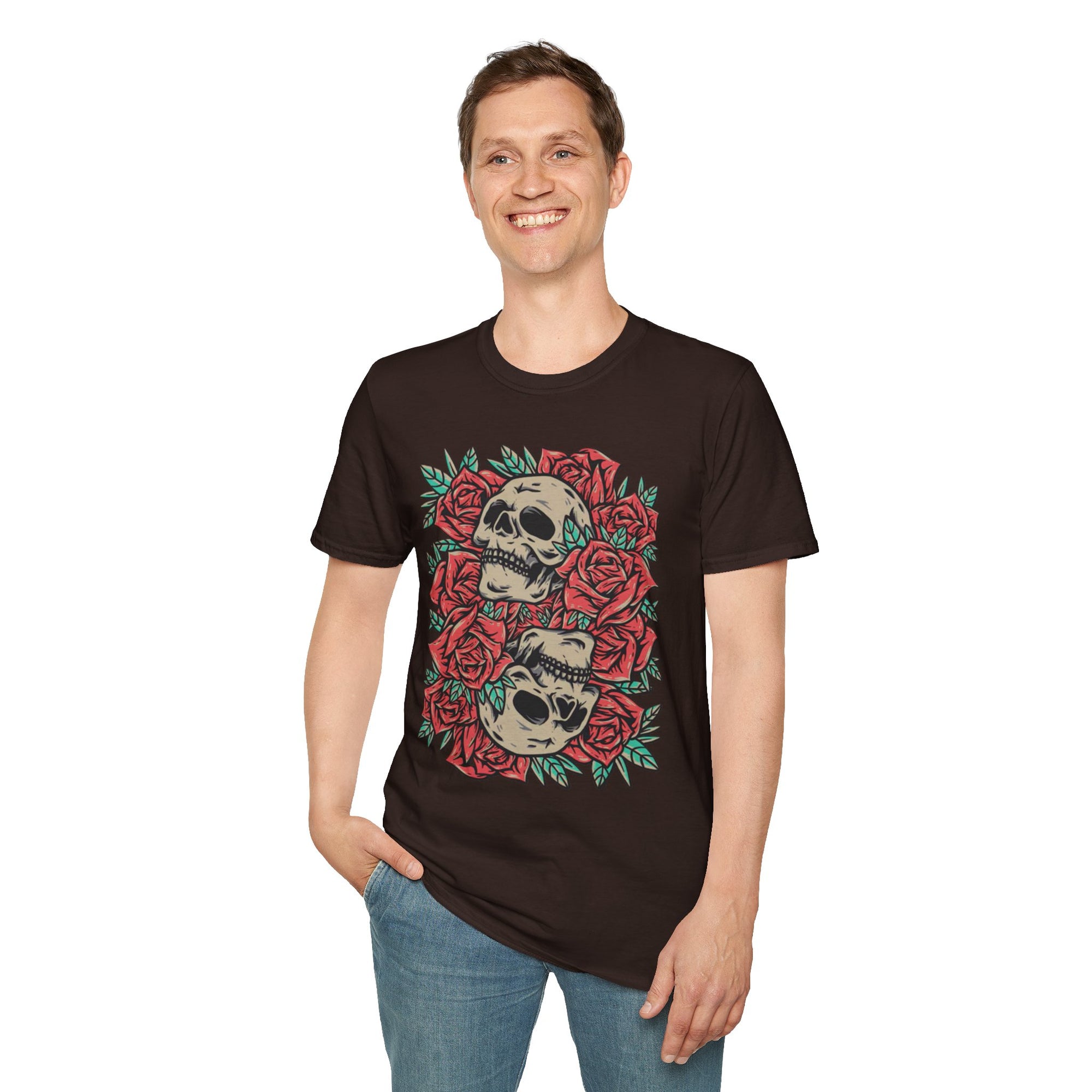 Skull & Roses Graphic T-Shirt | Edgy Casual Wear, Halloween Outfit, Gift for Friends, Festival Style, Unisex Shirt