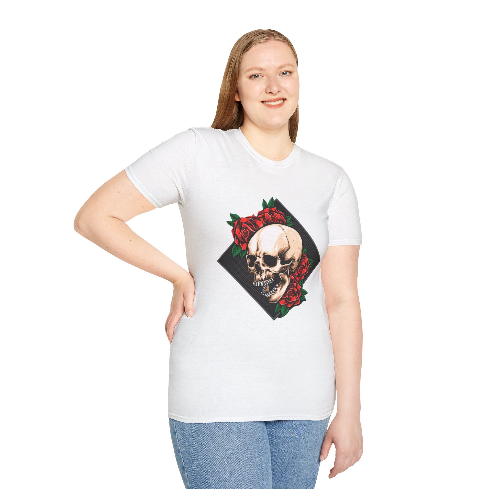 Skull and Roses T-Shirt | Edgy Unisex Softstyle Tee for Music Lovers, Halloween, Casual Wear, Gift Idea, Streetwear
