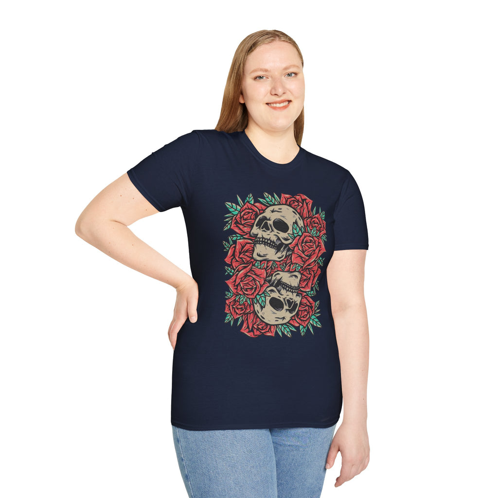 Skull & Roses Graphic T-Shirt | Edgy Casual Wear, Halloween Outfit, Gift for Friends, Festival Style, Unisex Shirt