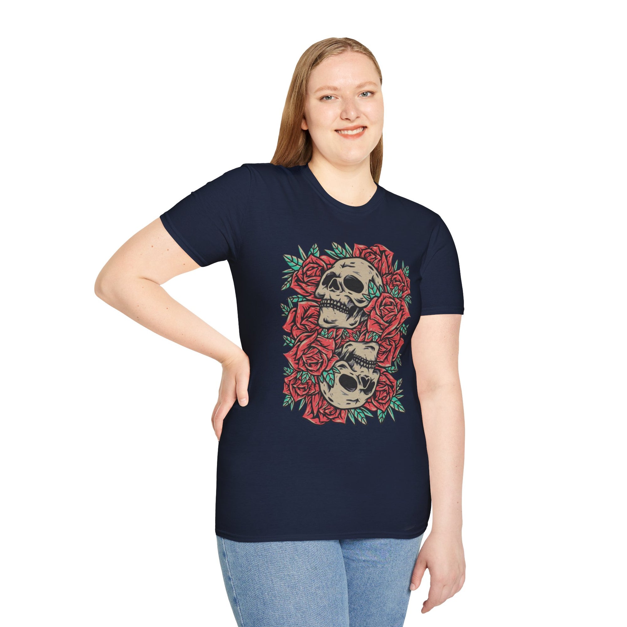 Skull & Roses Graphic T-Shirt | Edgy Casual Wear, Halloween Outfit, Gift for Friends, Festival Style, Unisex Shirt