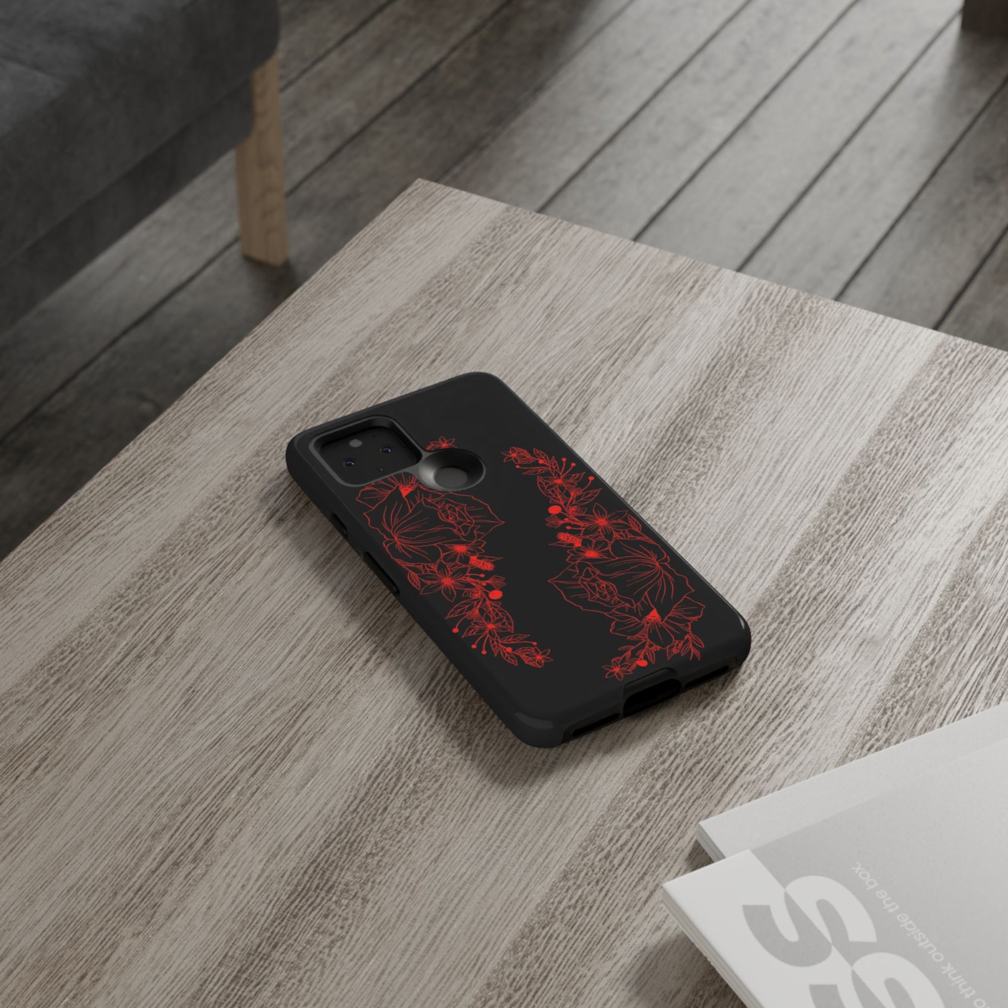 Stylish Floral Phone Case, Tough Phone Cover, Floral Design Case, Gift for Her, Black Phone Accessories