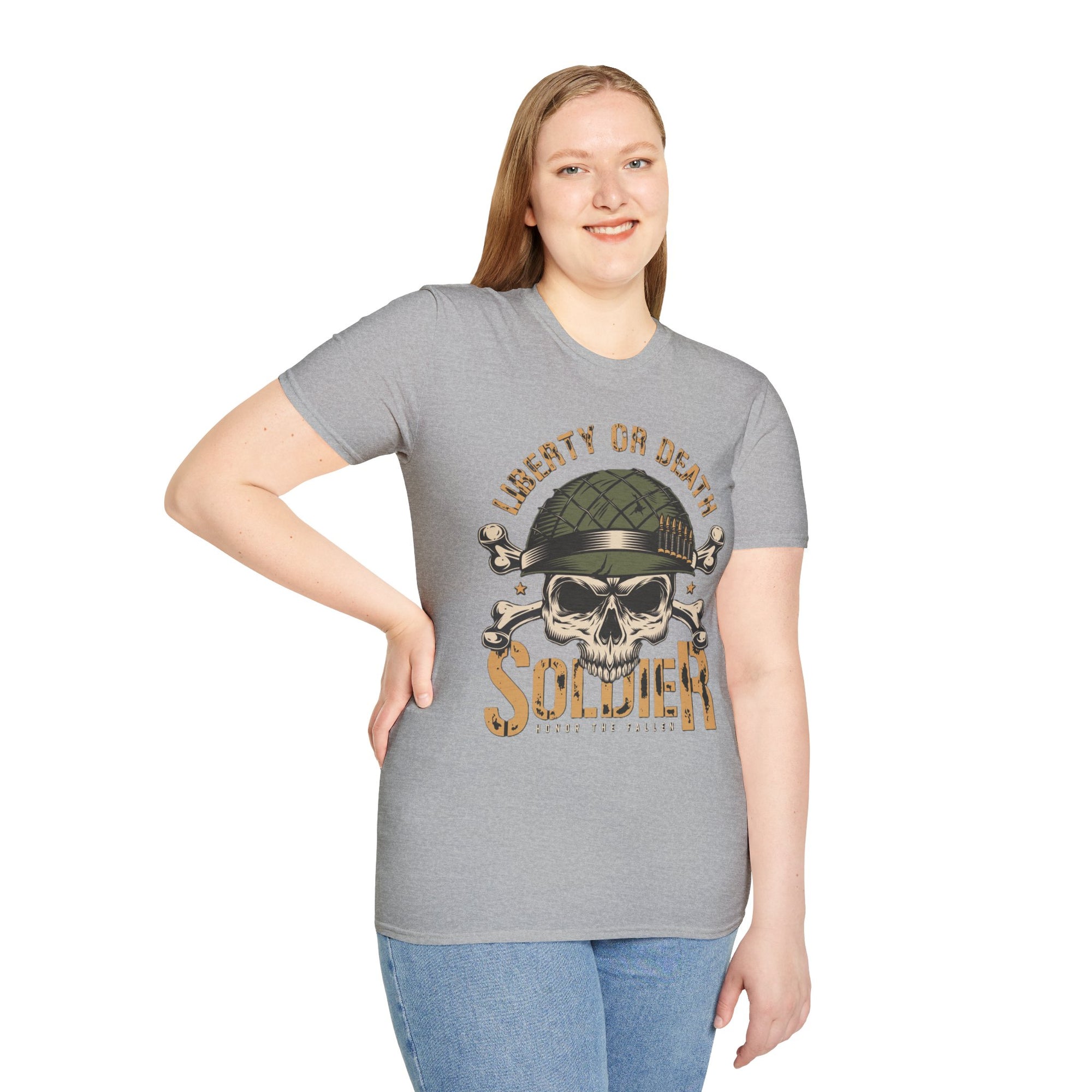 Liberty or Death Skull Soldier T-Shirt, Military Apparel, Unisex Graphic Tee, Veteran Gift, Casual Wear, Outdoor Adventure