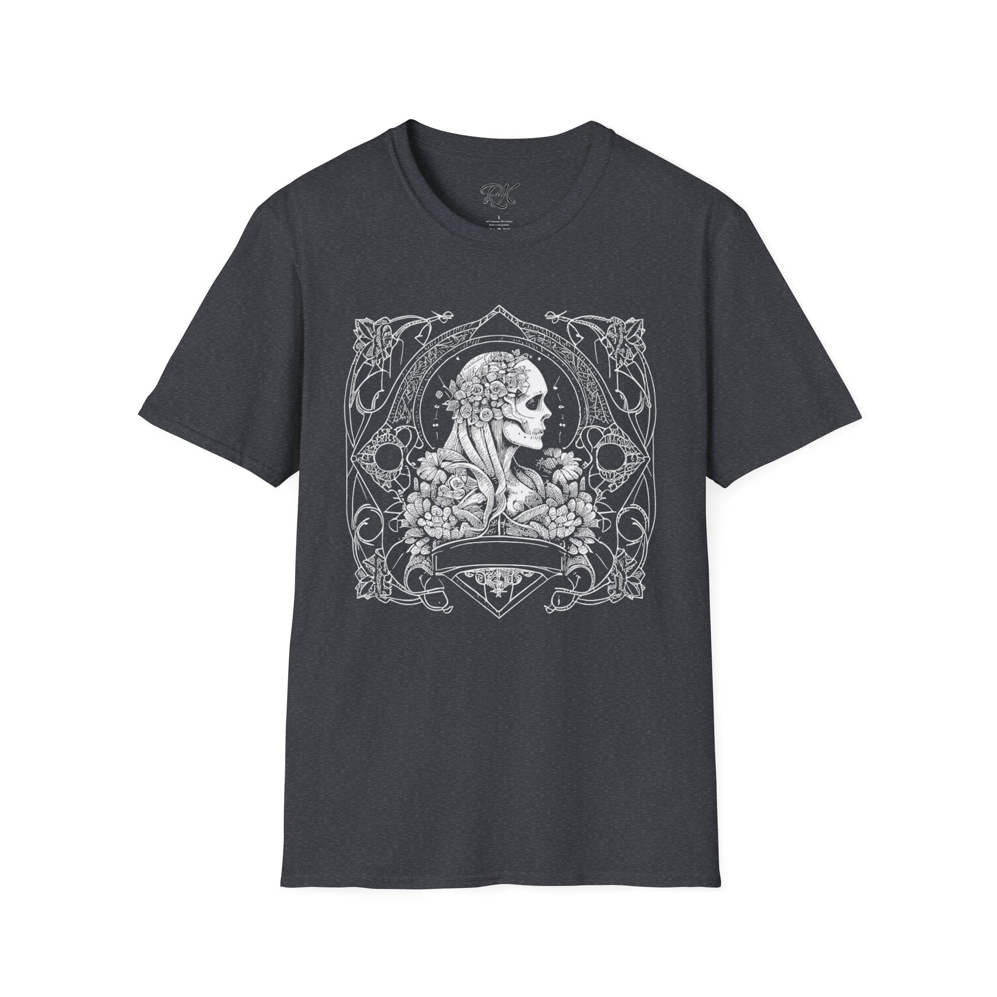 Gothic Floral Skull T-Shirt, Unisex Softstyle Tee, Halloween Apparel, Gothic Fashion, Unique Gift, Casual Wear