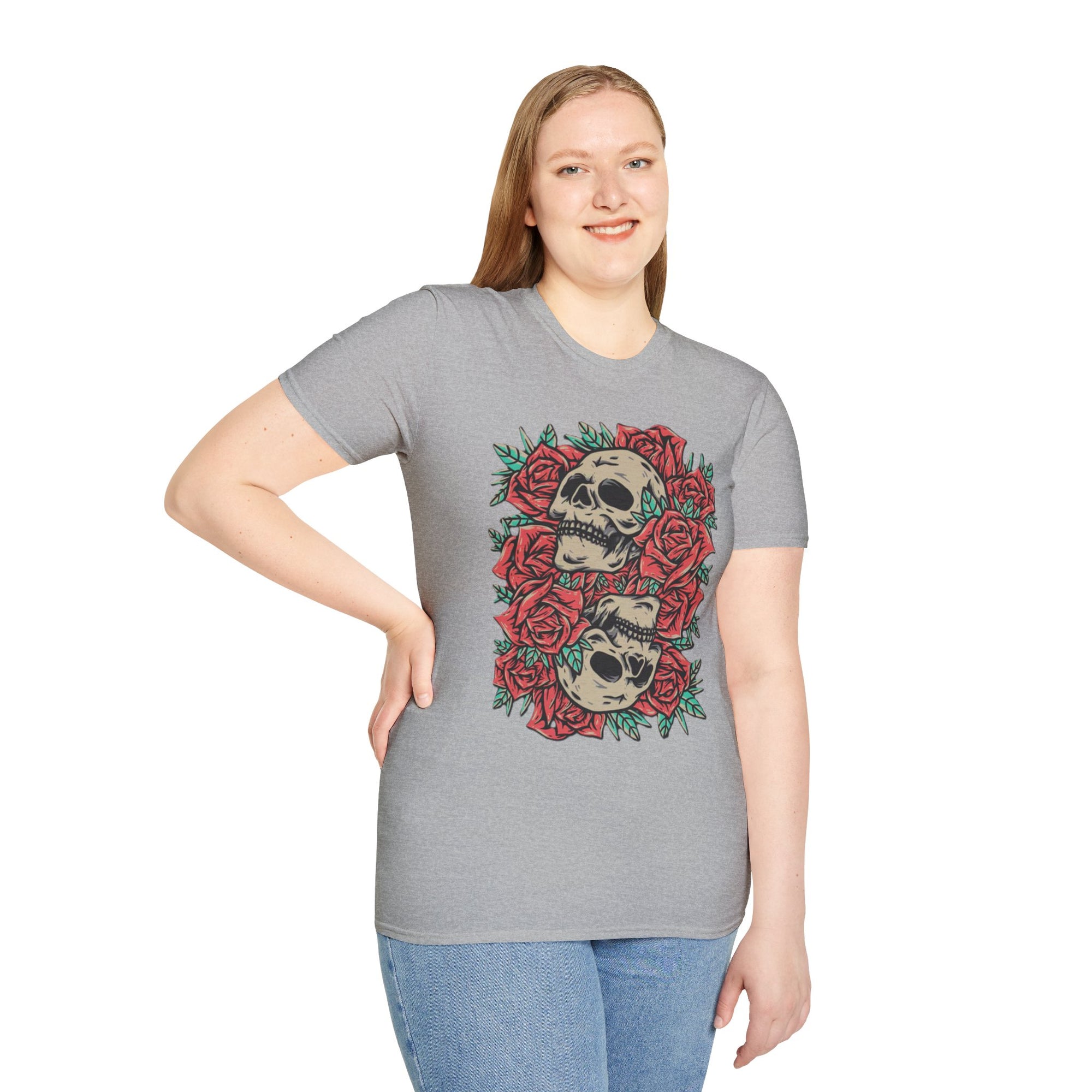 Skull & Roses Graphic T-Shirt | Edgy Casual Wear, Halloween Outfit, Gift for Friends, Festival Style, Unisex Shirt
