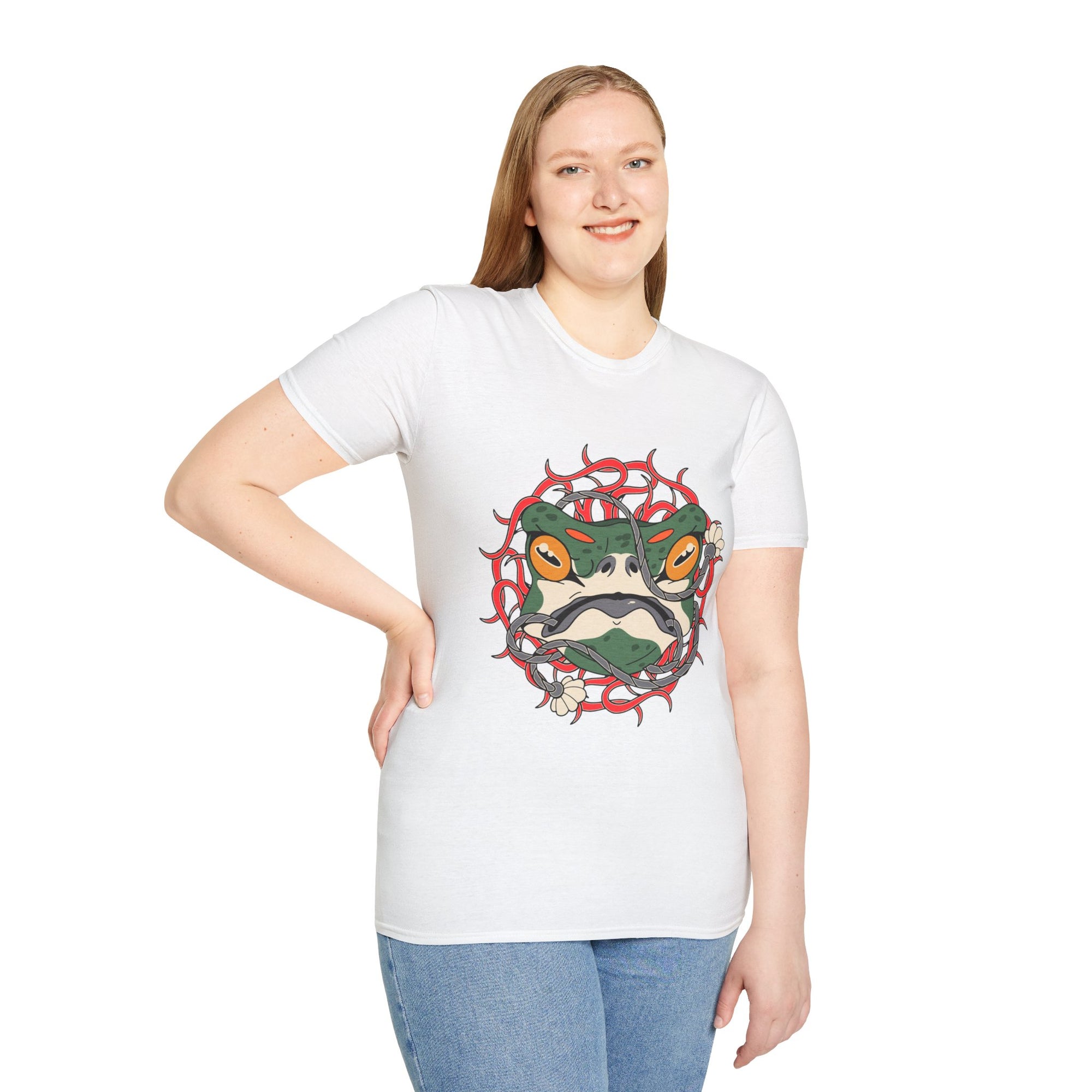 Frog Art Unisex Softstyle T-Shirt | Unique Graphic Tee, Casual Wear, Gift for Nature Lovers, Birthday, Eco-Friendly Fashion
