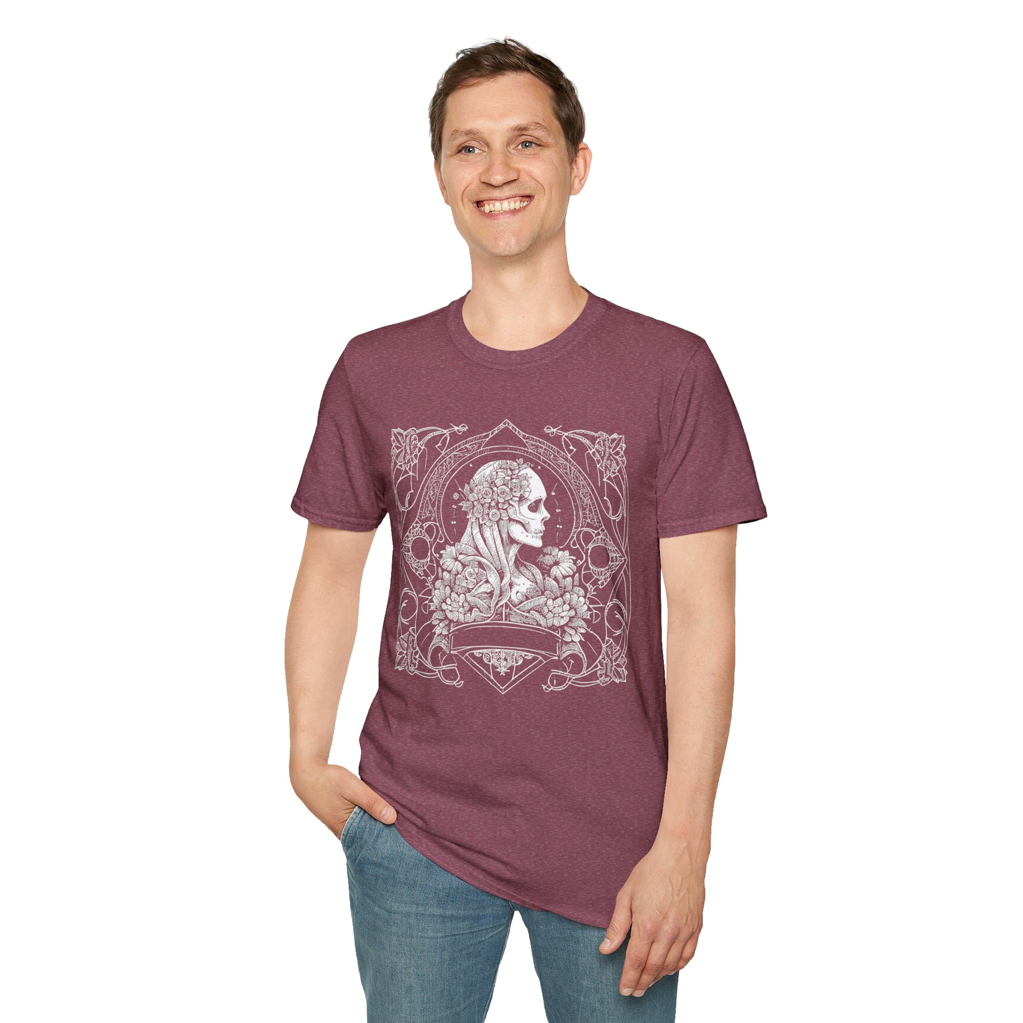 Gothic Floral Skull T-Shirt, Unisex Softstyle Tee, Halloween Apparel, Gothic Fashion, Unique Gift, Casual Wear