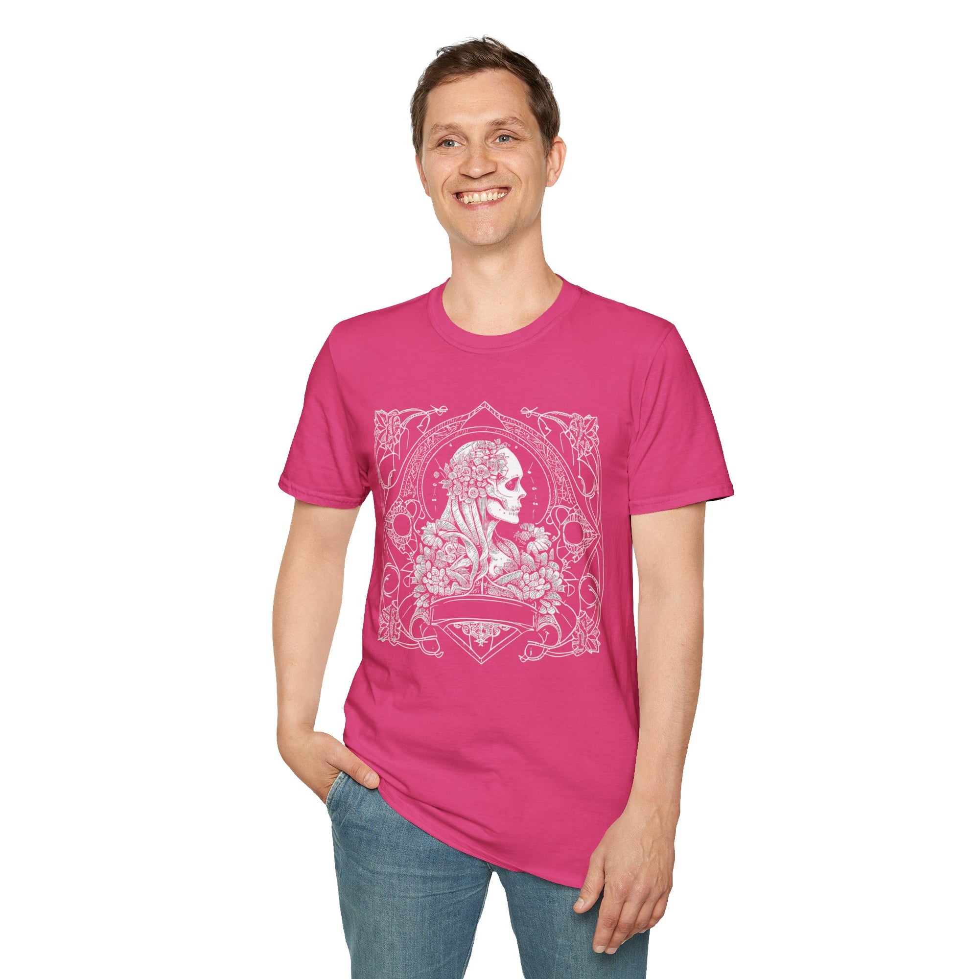 Gothic Floral Skull T-Shirt, Unisex Softstyle Tee, Halloween Apparel, Gothic Fashion, Unique Gift, Casual Wear
