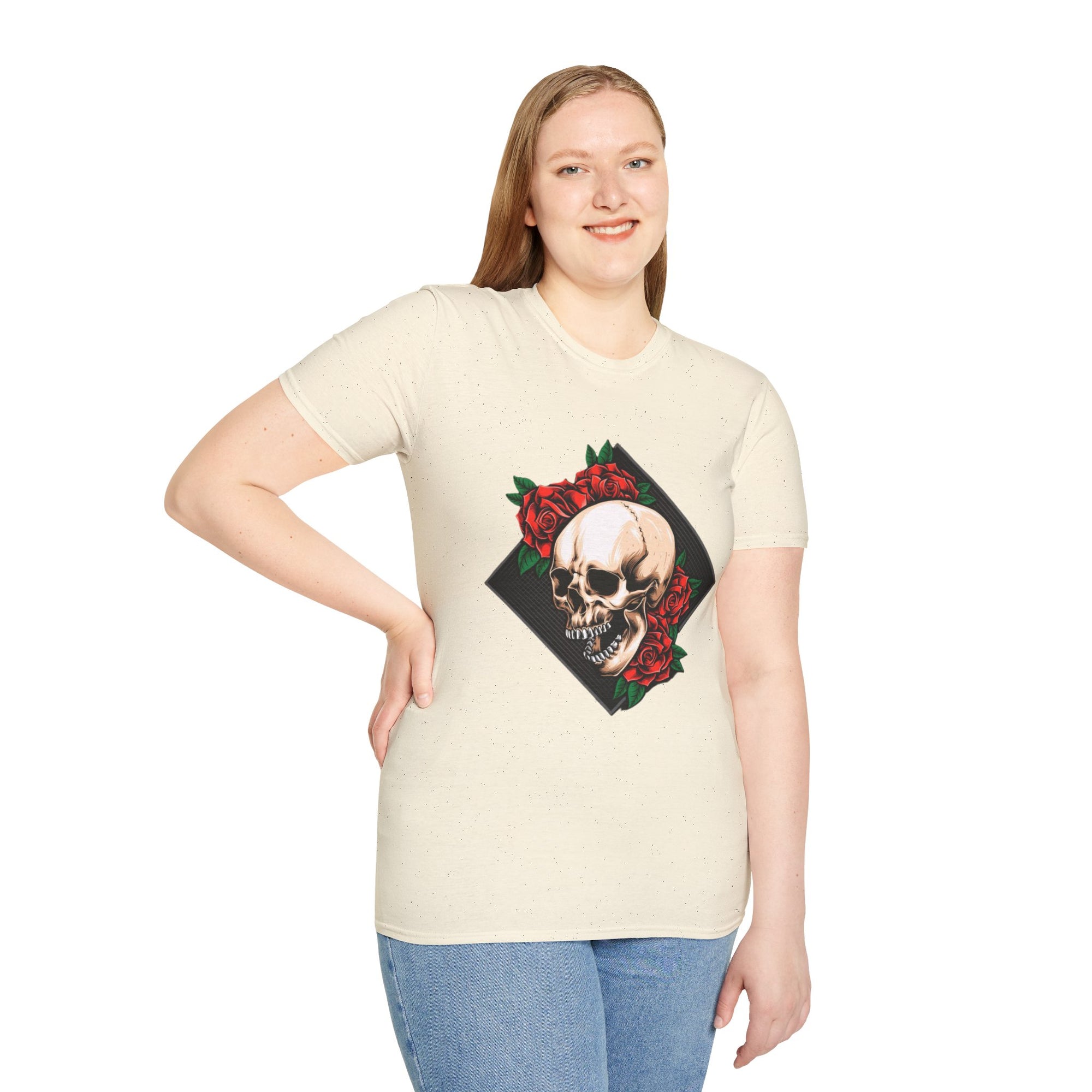 Skull and Roses T-Shirt | Edgy Unisex Softstyle Tee for Music Lovers, Halloween, Casual Wear, Gift Idea, Streetwear