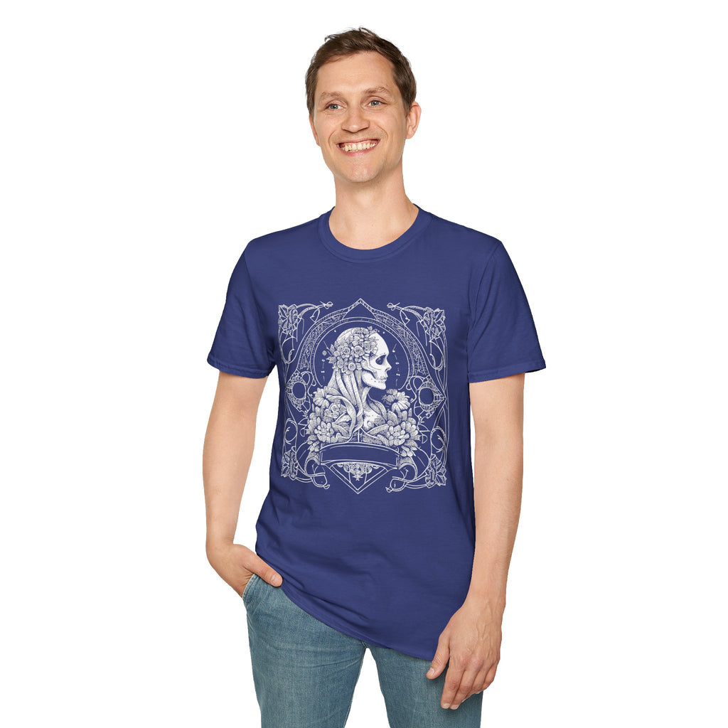 Gothic Floral Skull T-Shirt, Unisex Softstyle Tee, Halloween Apparel, Gothic Fashion, Unique Gift, Casual Wear
