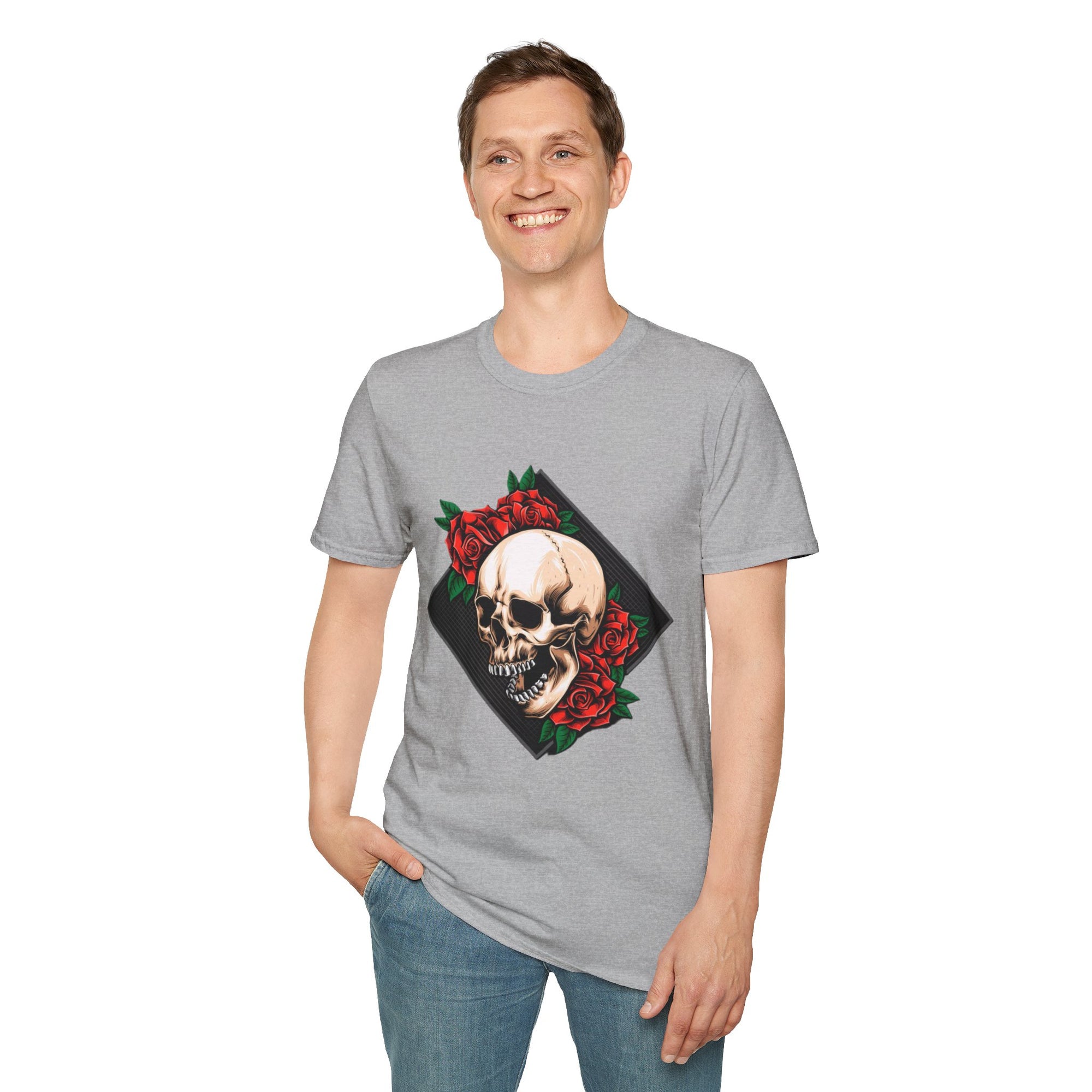 Skull and Roses T-Shirt | Edgy Unisex Softstyle Tee for Music Lovers, Halloween, Casual Wear, Gift Idea, Streetwear